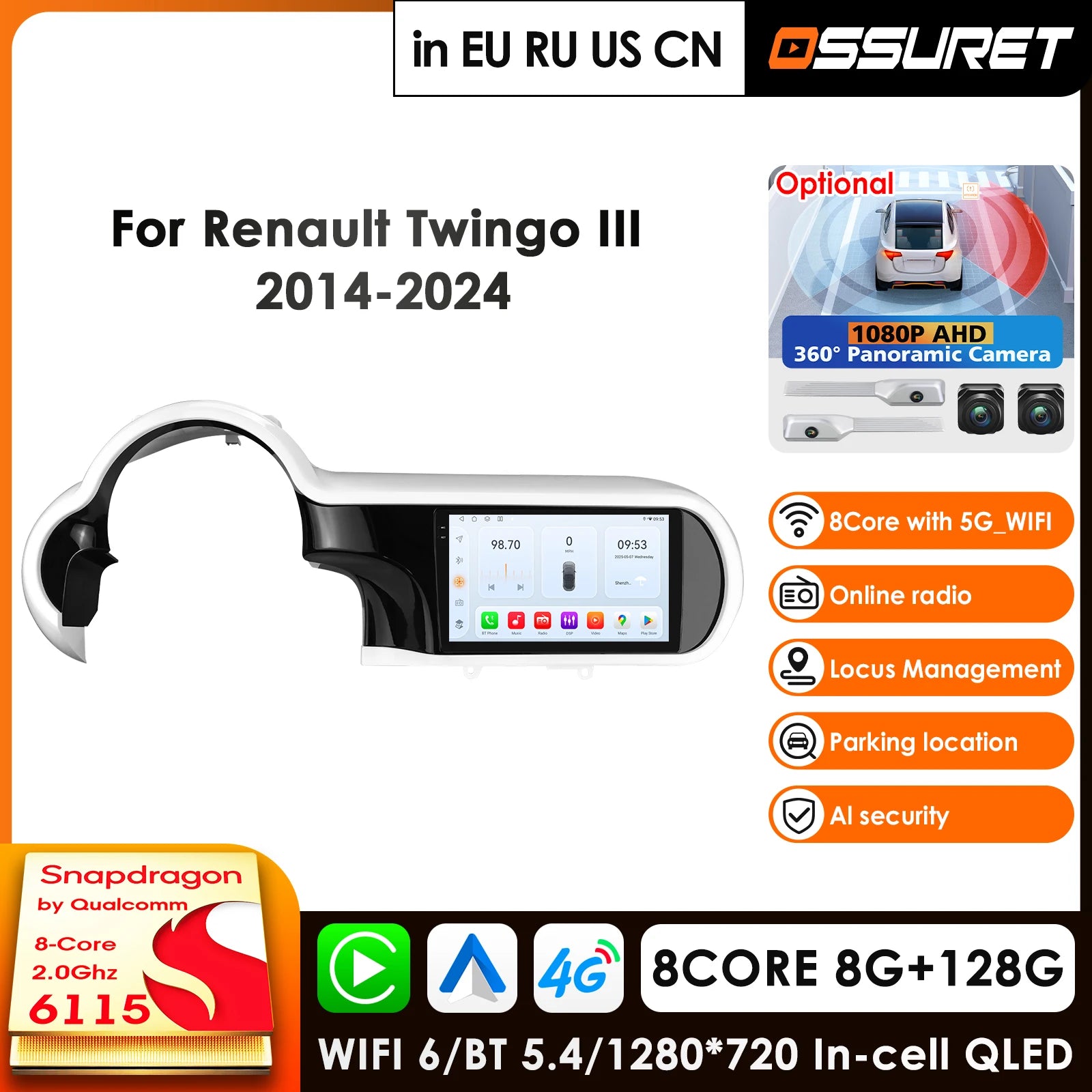 12.3" Car Radio GPS for Renault Twingo Ⅲ 2014-2024 Android 14 Carplay Auto Stereo Navigation DSP 4G FM - Snapdragon 8Cor