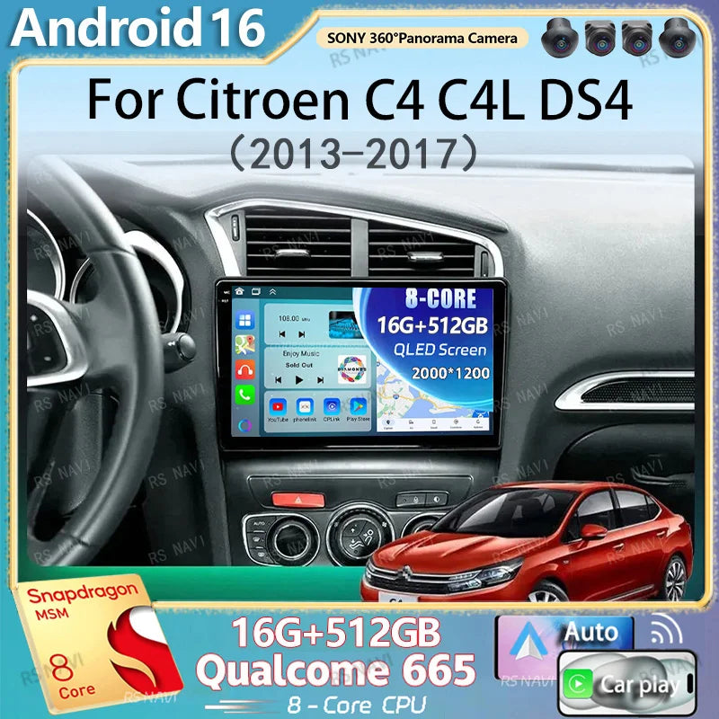 Android 16 Carplay DSP WIF+4G Car Radio GPS Multimedia Player For Citroen C4 C4L DS4 2013