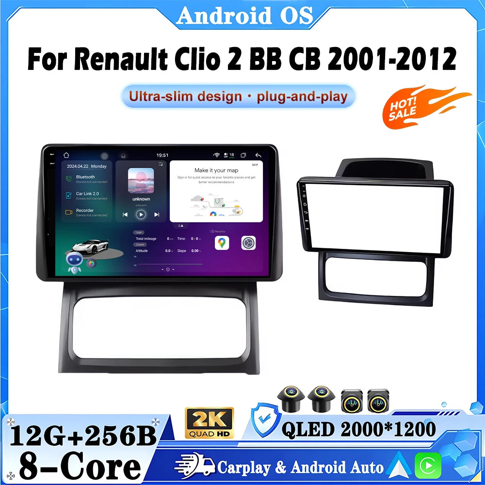 9 Inch Android 16 For Renault Clio 2 BB CB 2001 2002-2012 Car Radio Player CarPlay Video G