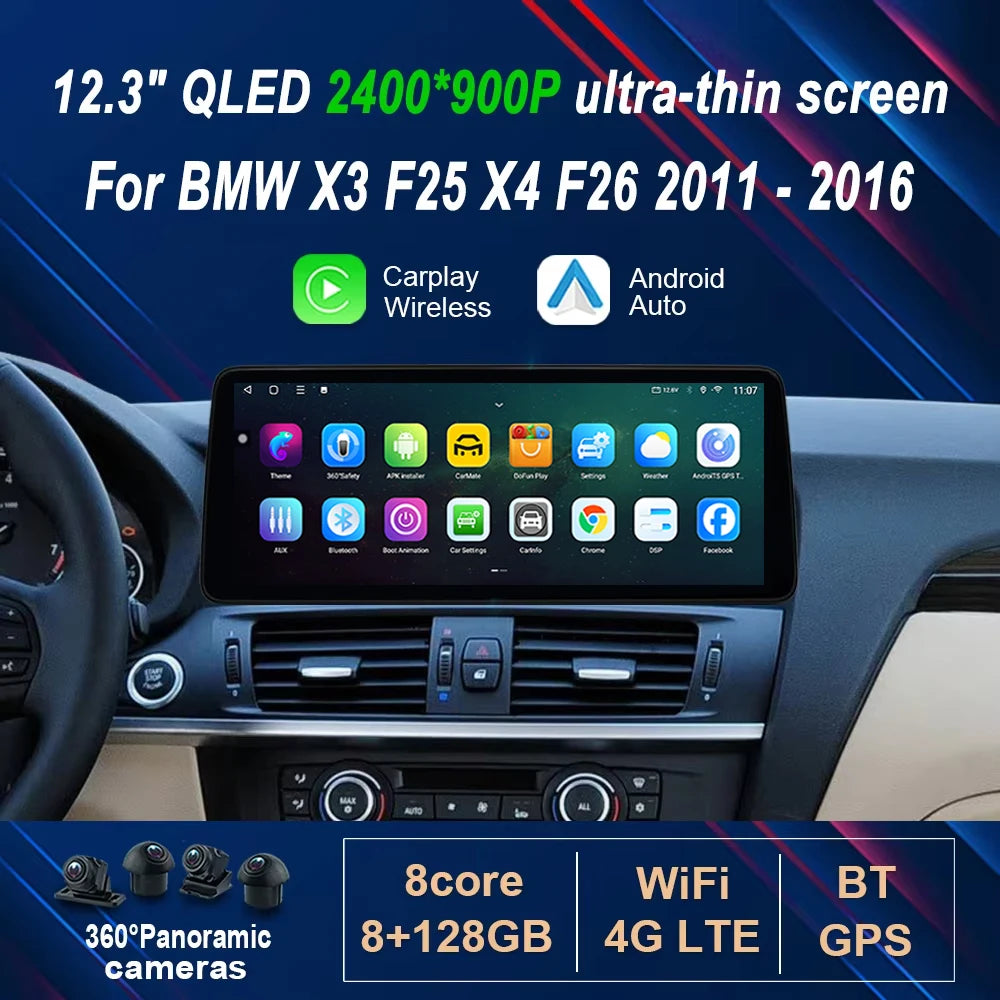 for BMW X3 F25 X4 F26 2011 - 2016 Wireless Carplay 12.3' Ultra-thin Android 14 GPS 4G WIFI