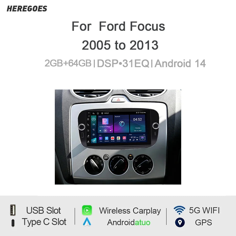 7" Android Car Radio GPS Type-C Wireless CarPlay Android Auto for Ford Focus 2005-2013 - Bluetooth Steering Control