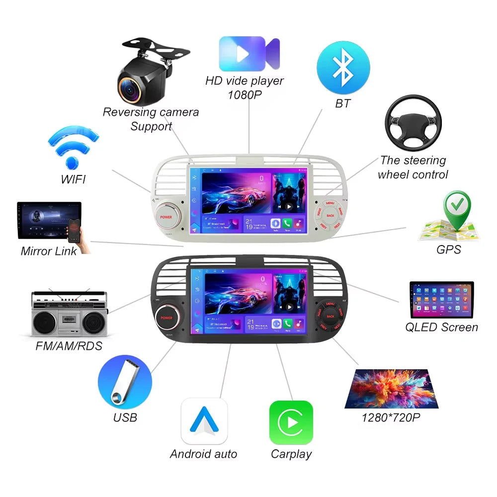 Android 16 For Fiat 500 2007-2015 Carplay Navigation Wireless Android Touch Screen Wifi Au | AUTOKITSHOP