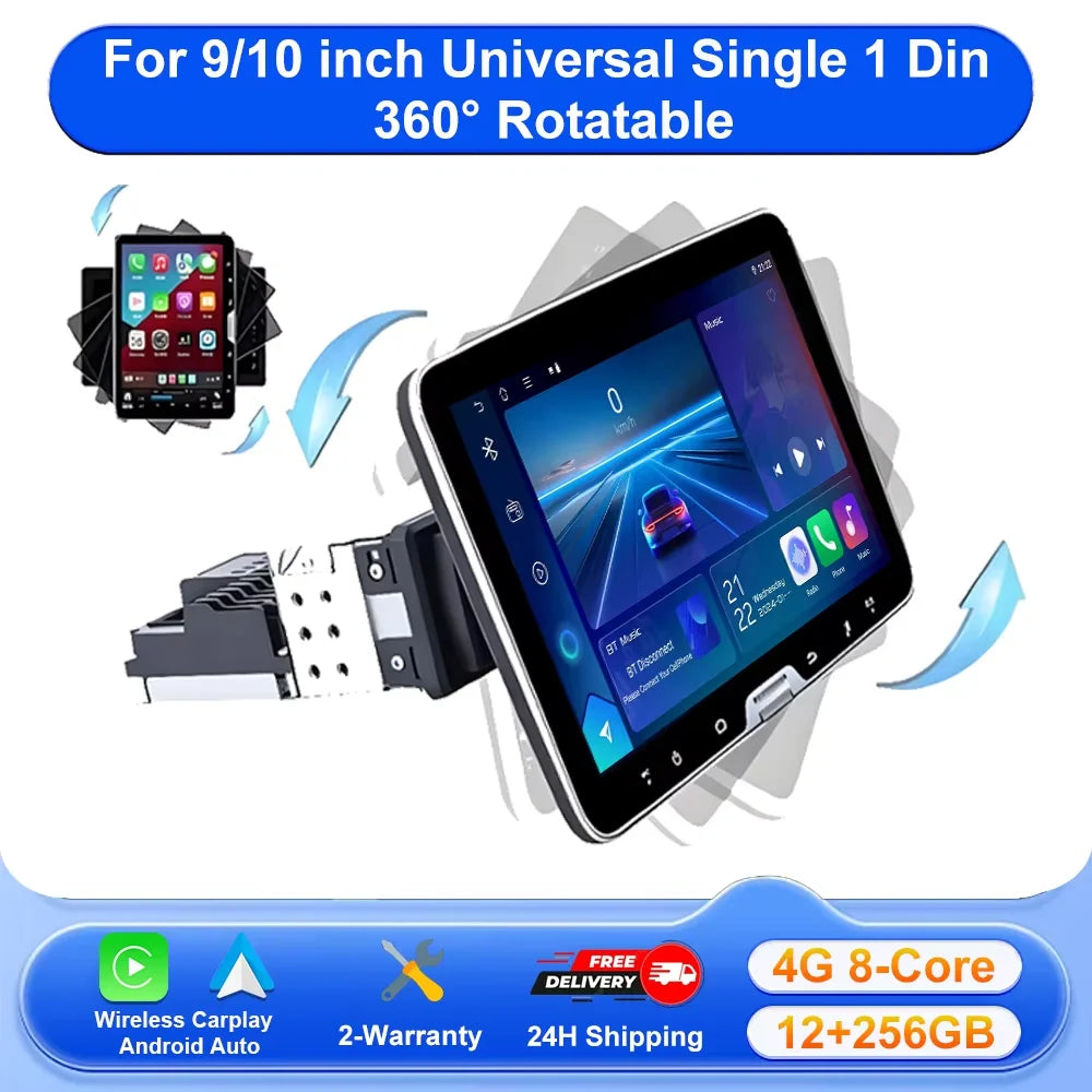 9/10 Inch Car Radio Universal Single 1 Din 360° Rotatable Car Radio Multimedia Player GPS