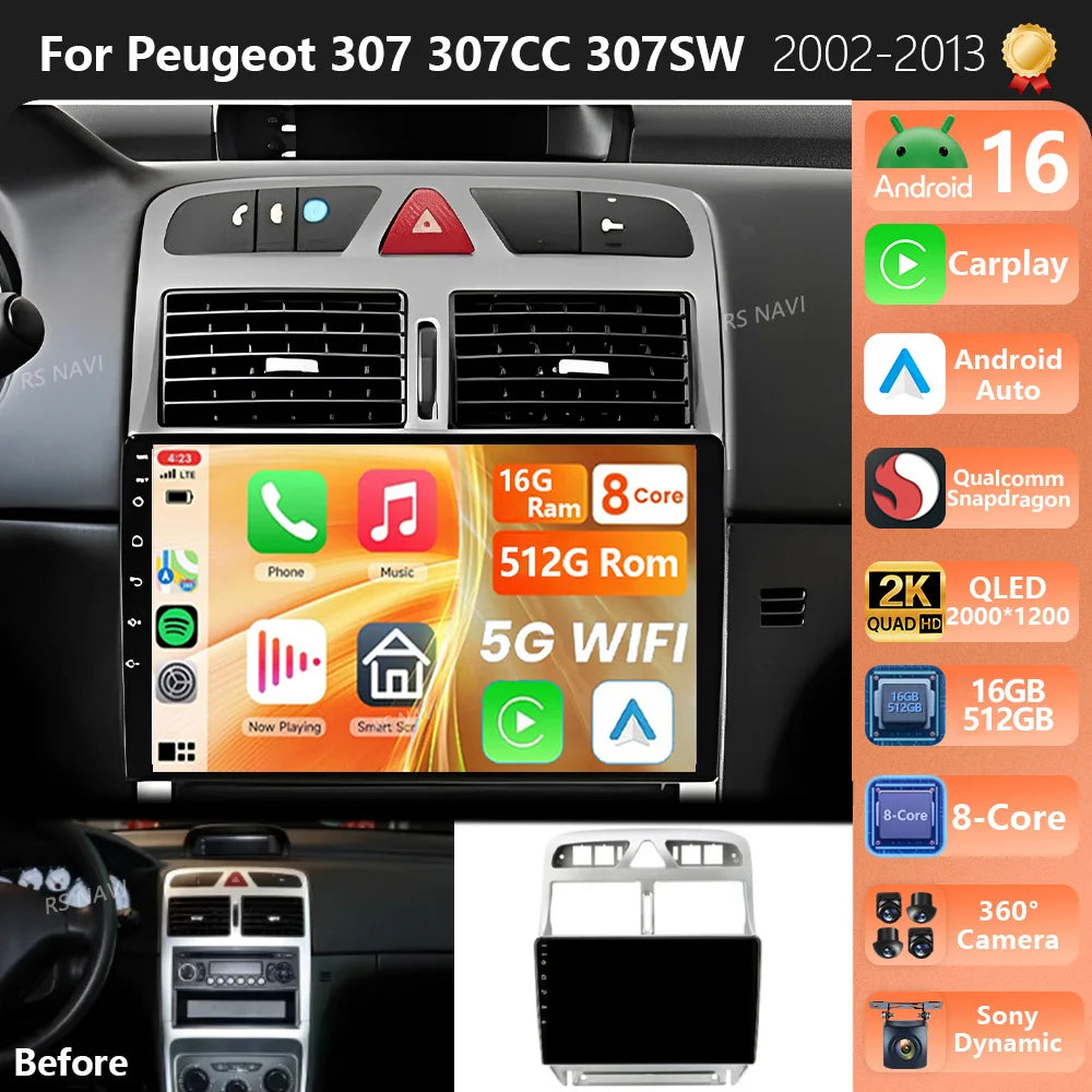 Plug and PlayAndroid 16 For Peugeot 307 307CC 307SW 2002-2013 2K QLED Android Car Radio Mu