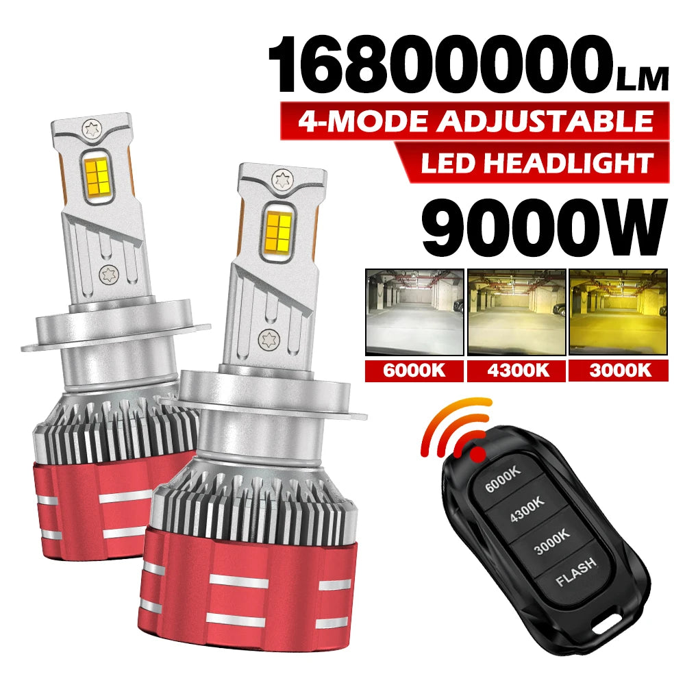 H4 LED H11 9005 HB3 9006 HB4 9012 6000K 4300K 3000K H7 LED Bulb Three Color Remote Control