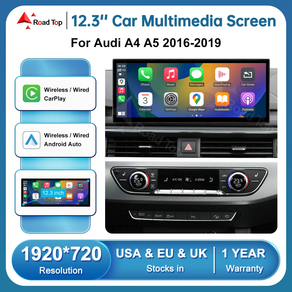 RoadTop 12.3'' Linux Touch Screen Car Multimedia Display For Audi A4 A5 2016-2019 Wireless | AUTOKITSHOP
