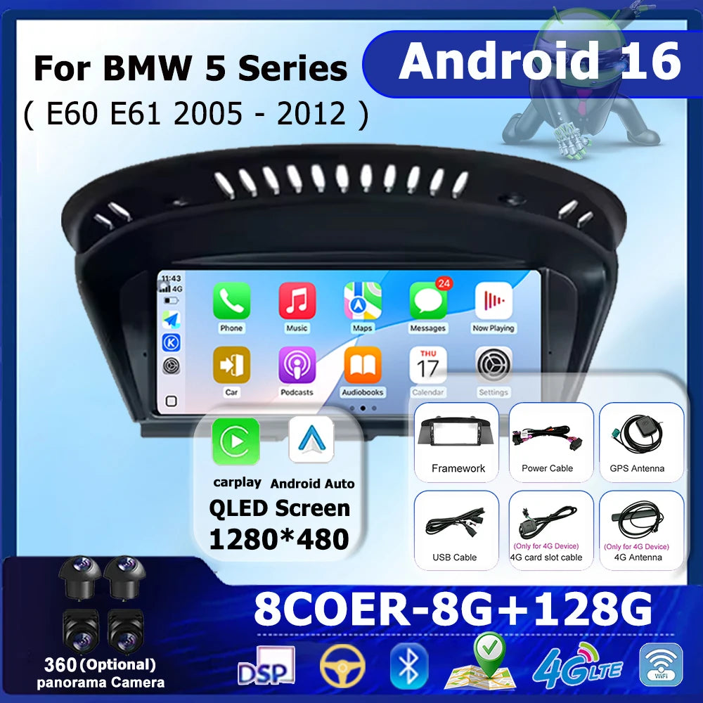 Car Multimedia Radio Android 16 8.8" For BMW 5 3 Series E60 E61 E62 E63 E90 E91 E92 CCC CI