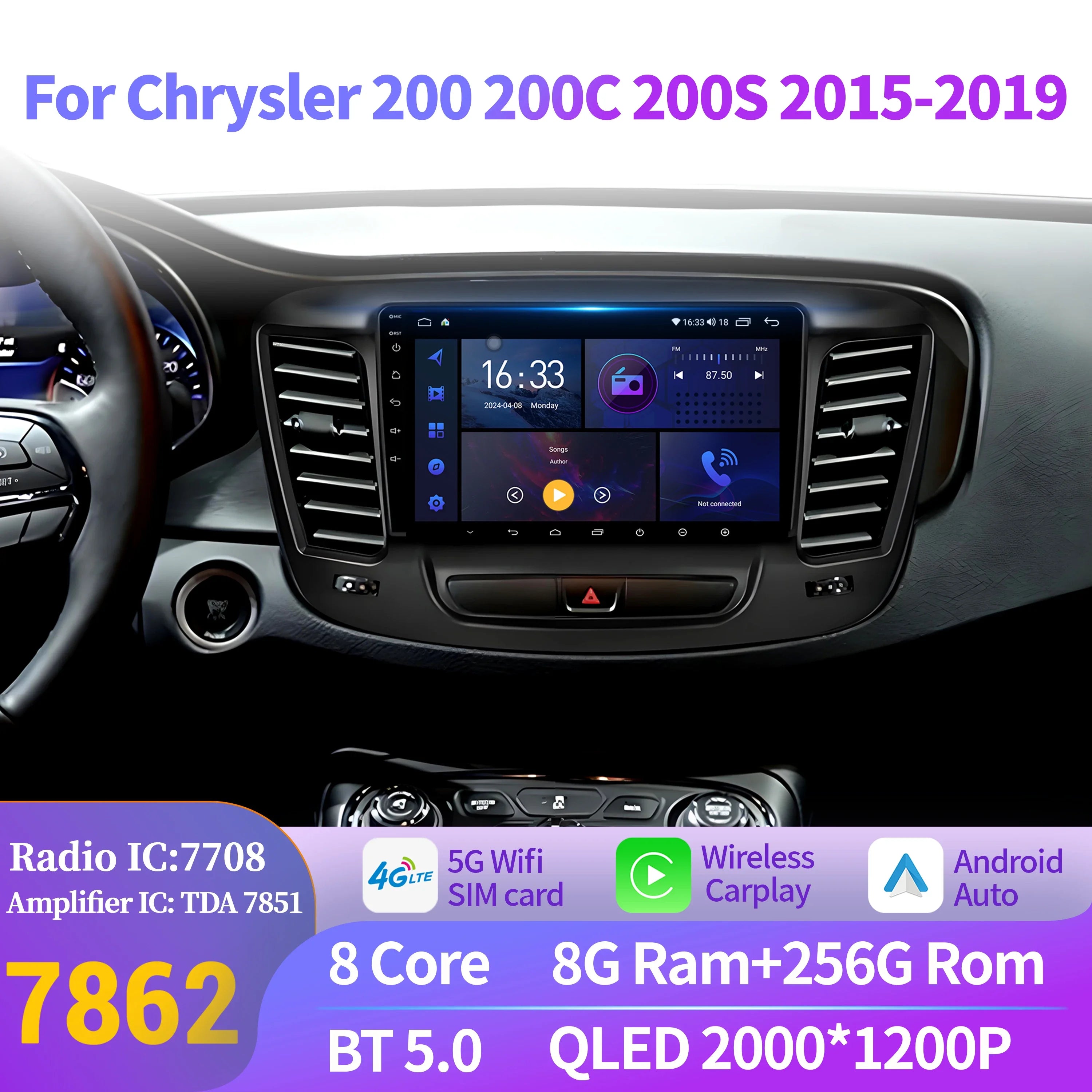 For Chrysler 200 200C 200S 2015-2019 Android 14 Car Radio Stereo Multimedia Navigation Car