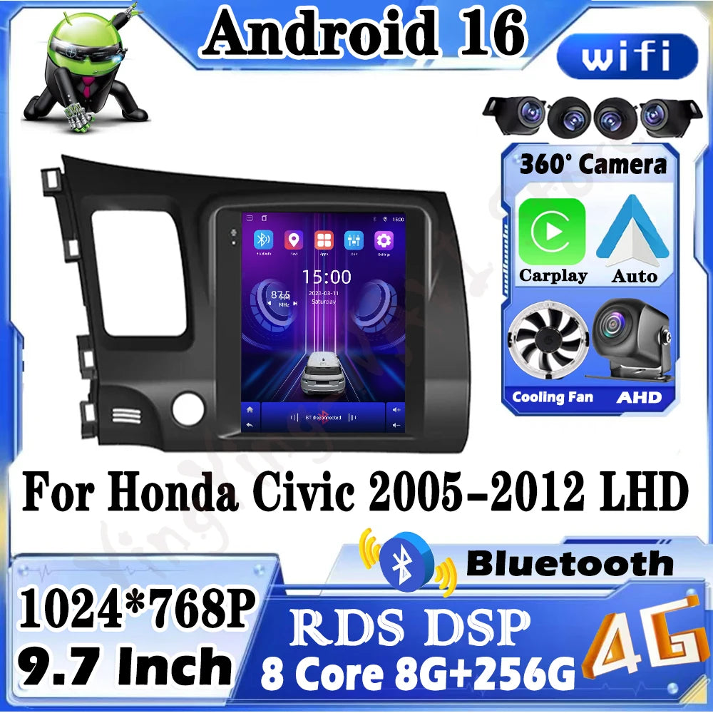 Car Radio For Honda Civic 2005-2012 LHD Android 16 Multimedia Player CarPlay DSP IPS RDS S