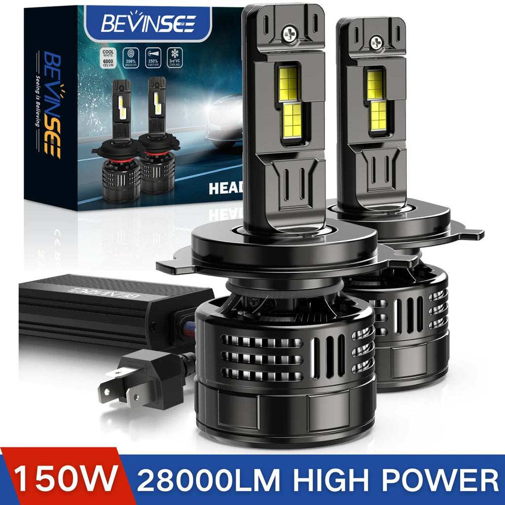 BEVINSEE H4 LED Headlight Bulbs Hi/Lo Beam 150W 28000LM CANbus Turbo H7 H11 9012 HIR2 9005