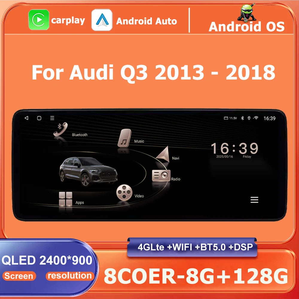 Android 16 For Audi Q3 2013 - 2018 Carplay Auto 12.3" Car Radio Multimedia BT GPS DSP Ster