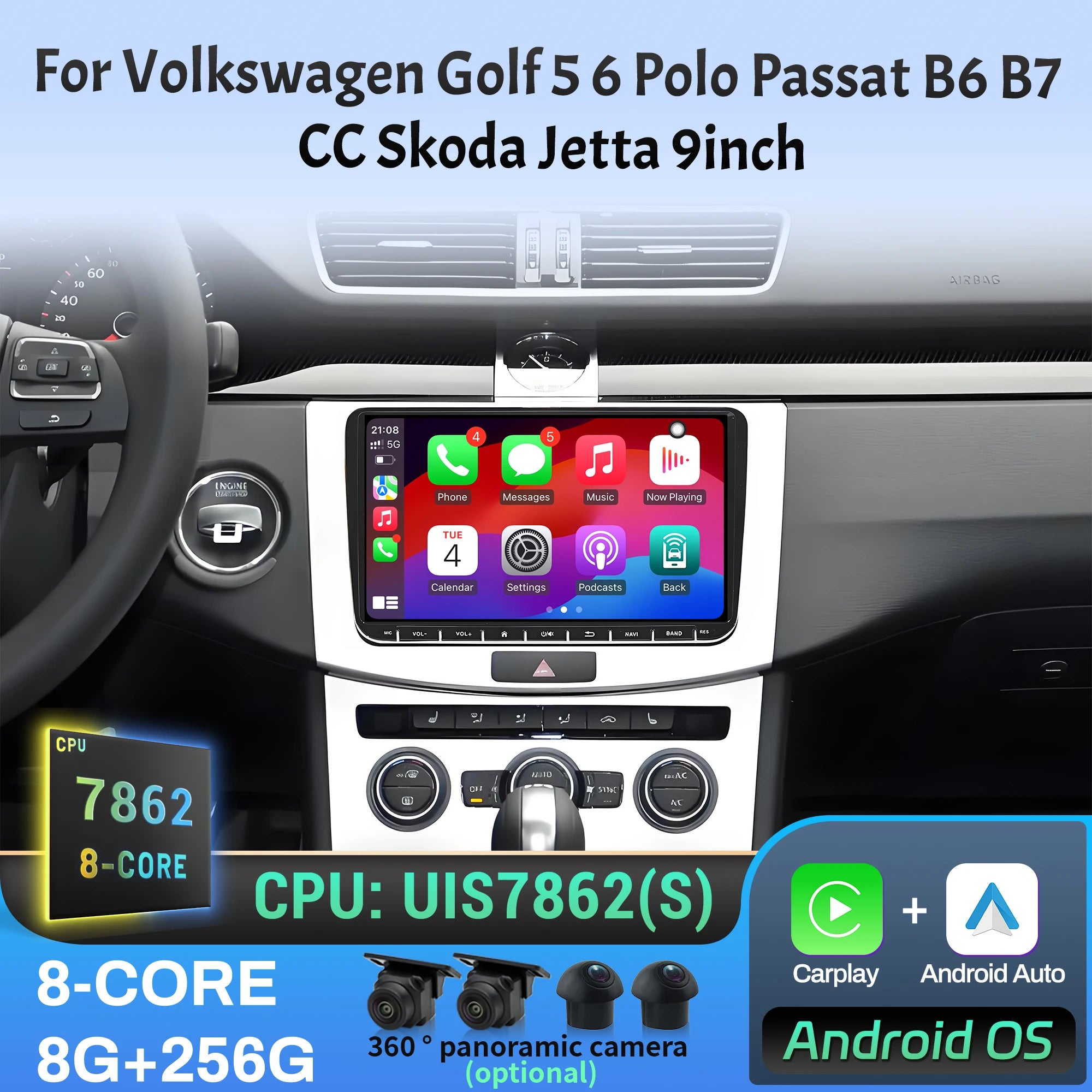 9 inch Car Radio GPS For Volkswagen Golf 5 6 Polo Passat B6 B7 CC Skoda Jetta Wireless Blu