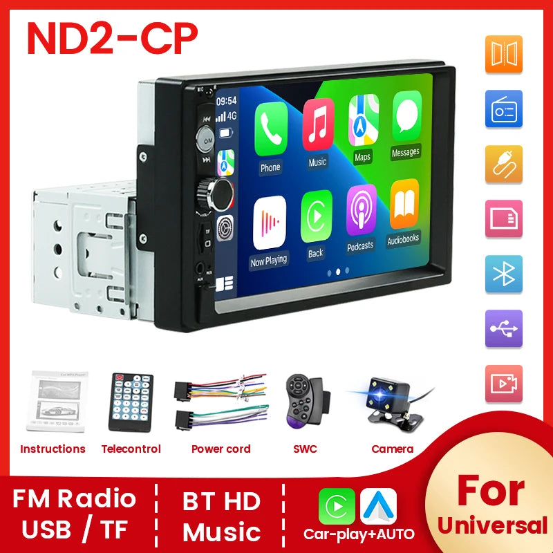 ND2-CP 1 din MP5 Player Car Radio For Universal Autoradio Multimedia Player With Carplay A