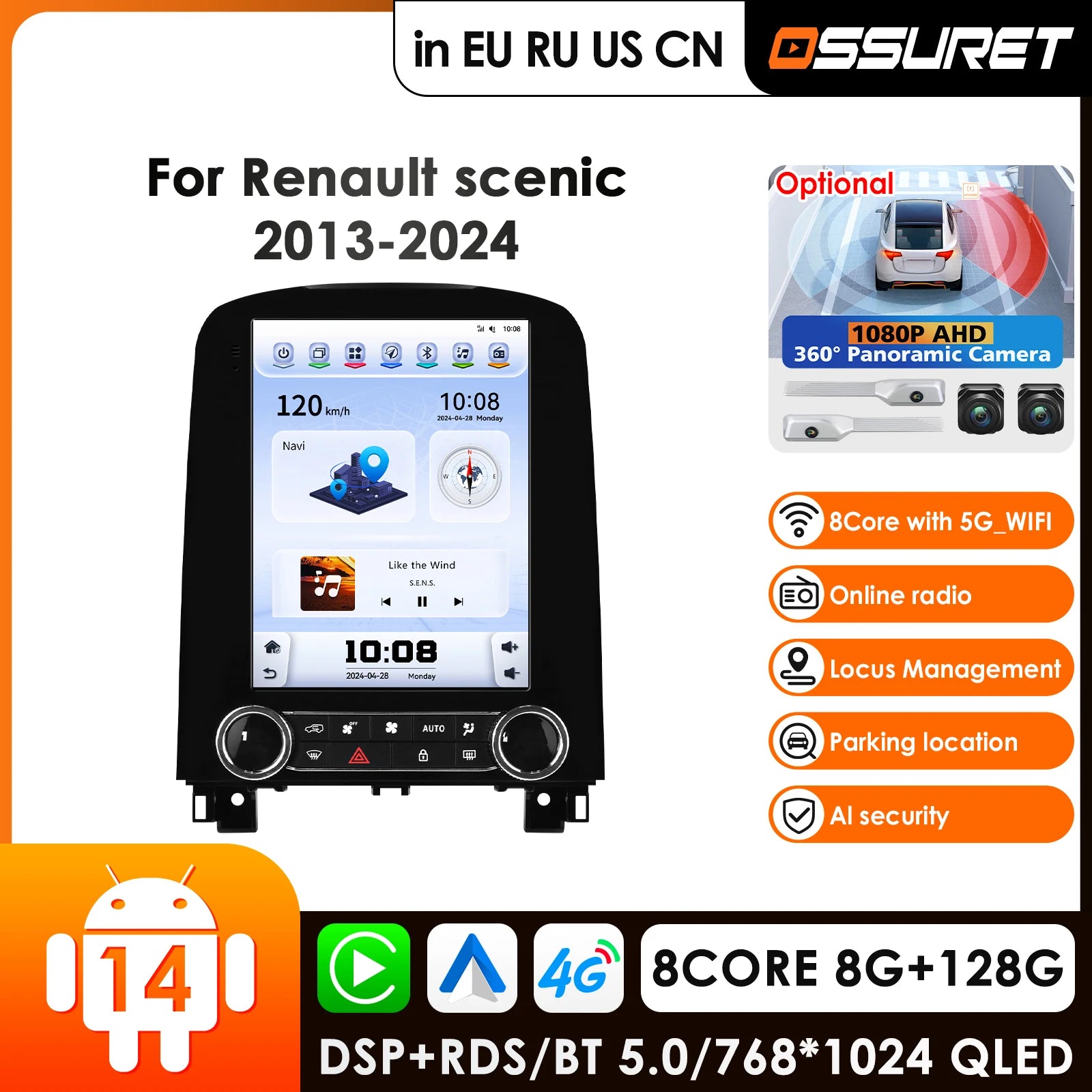 12.3" Car Radio GPS for Renault Scenic 2013-2024 Android 14 4G CarPlay Auto Stereo Head Unit - Multimedia Video Player N