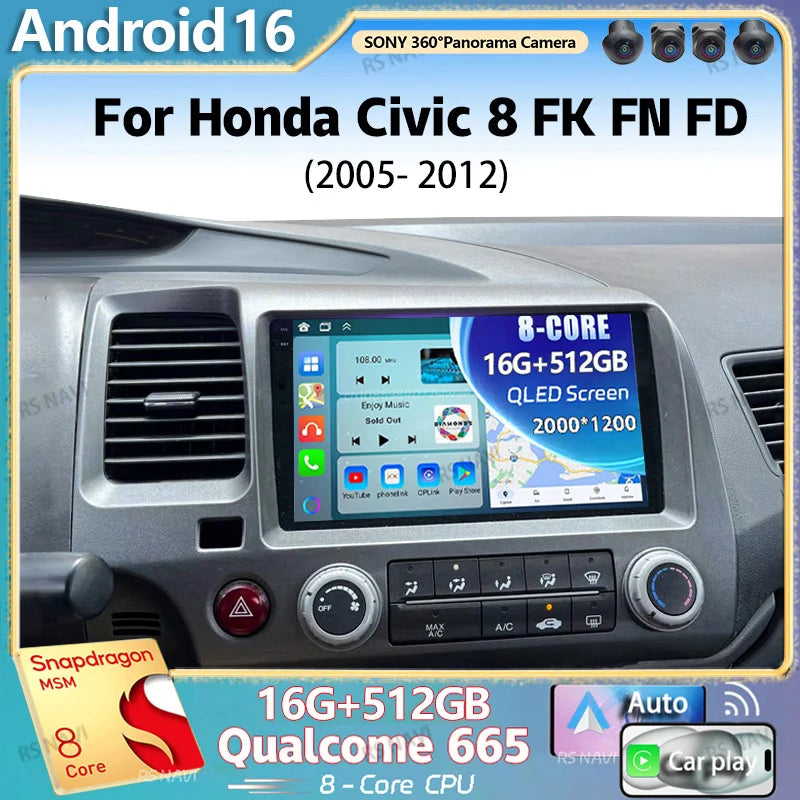 Android 16 For Honda Civic 8 FK FN FD 2005 - 2012 2K QLED Android Car Radio Multimedia Vid