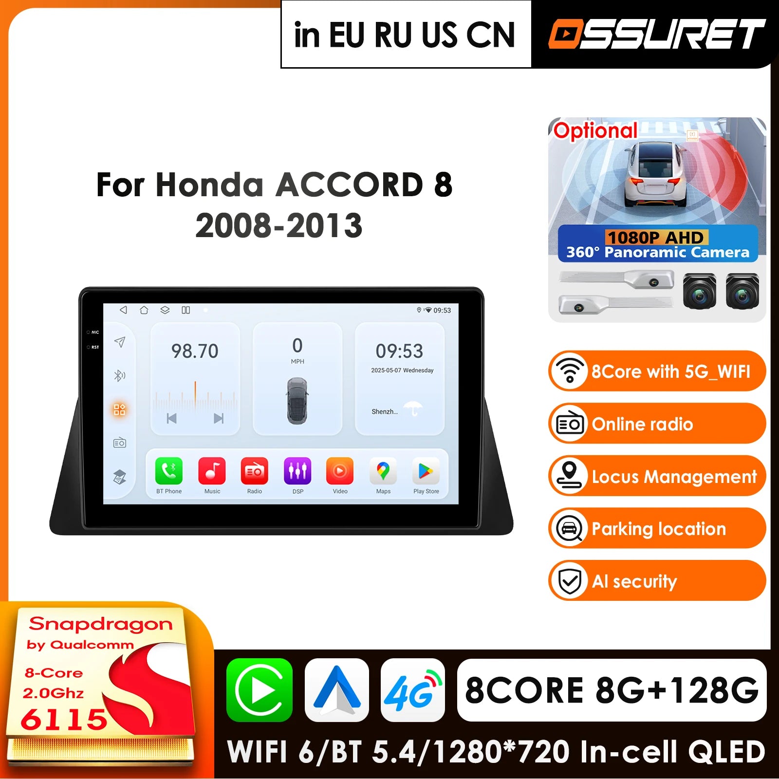 12.3" Car Radio GPS Android Multimedia Player for Honda Accord 8 2008-2013 - Carplay 4G-LTE Navigation HeadUnit