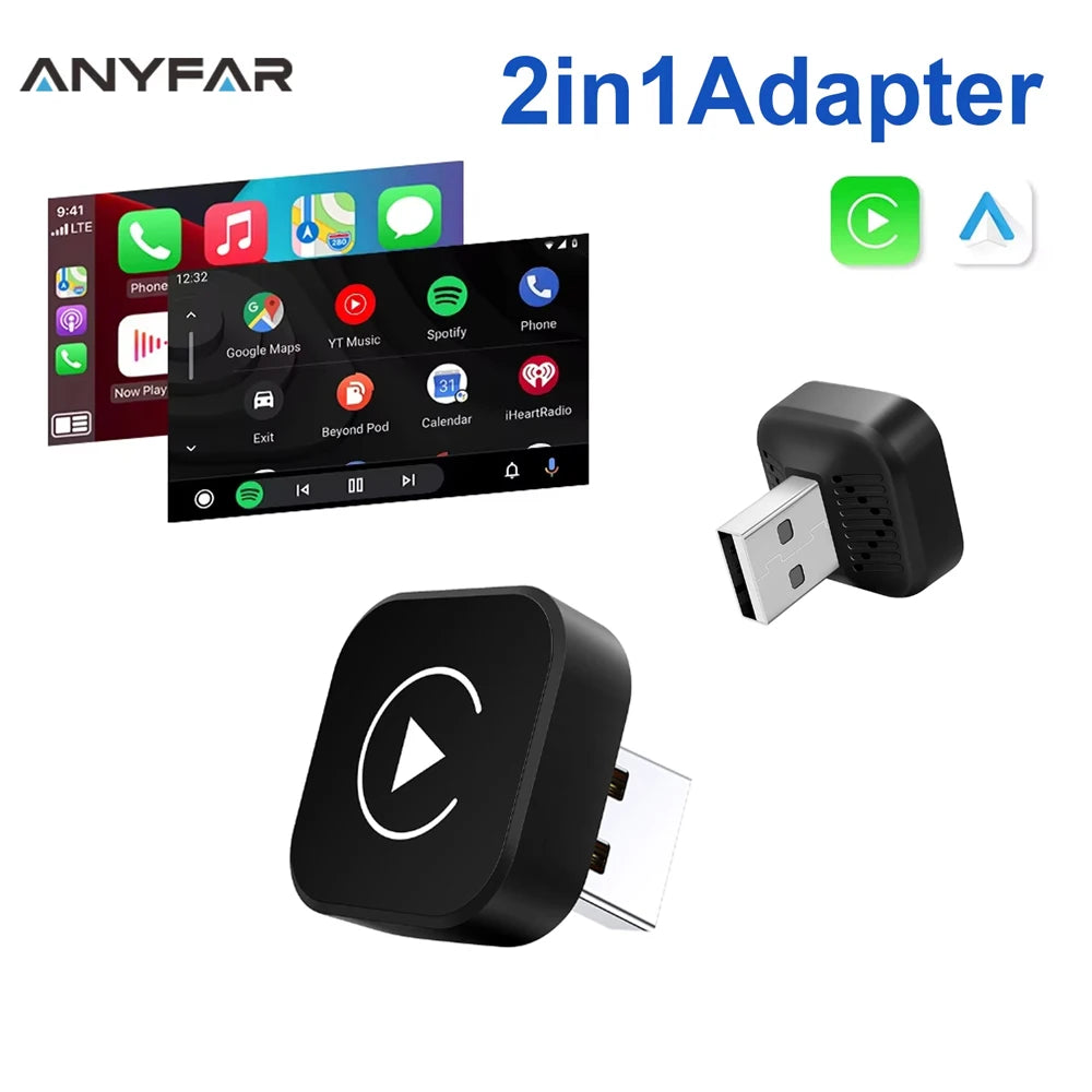 2in1 Wired to Wireless CarPlay Android Auto Adapter for OEM Car Stereo With USB Plug and P