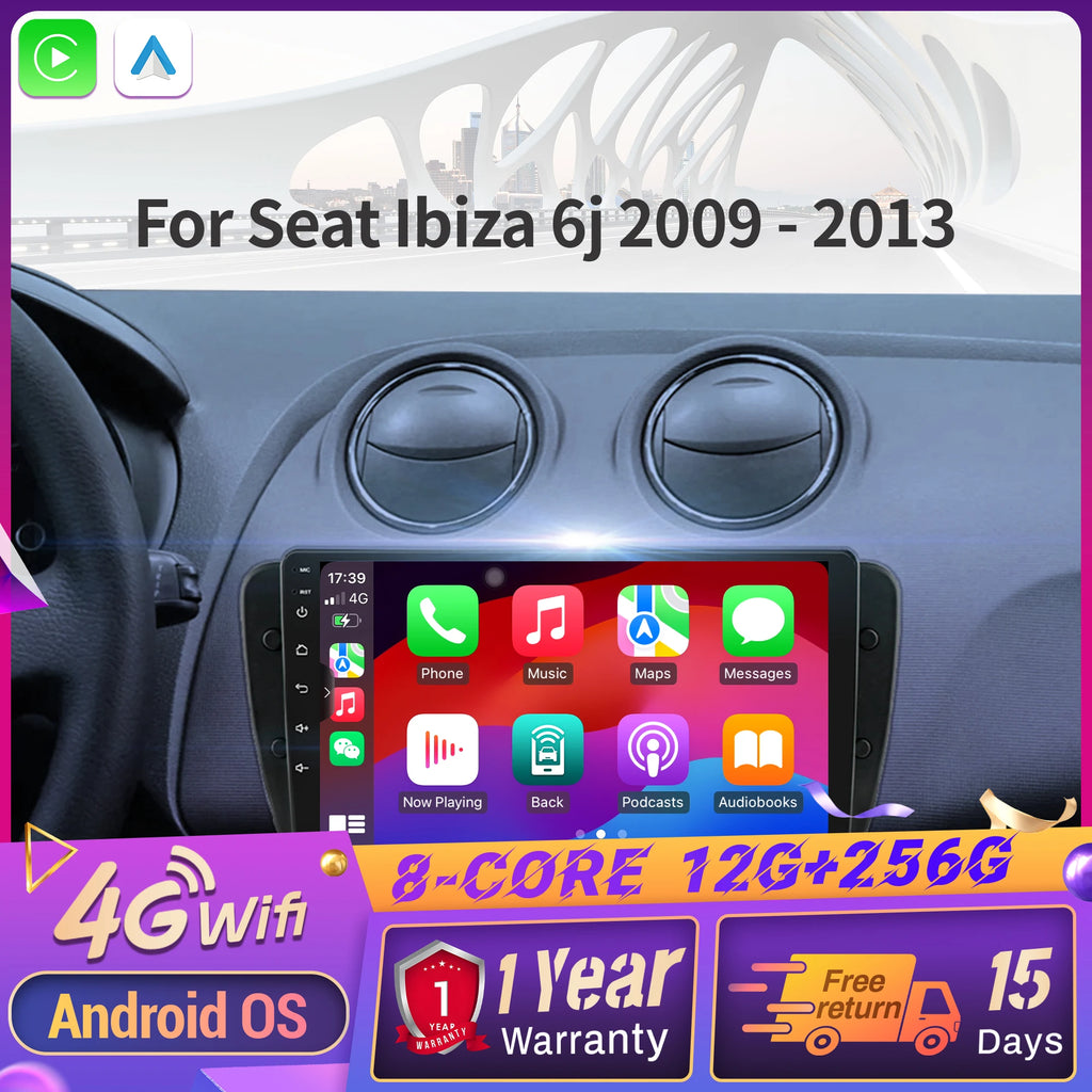 For Seat Ibiza 6j 2009-2013 4G GPS Multimedia Android 14 Car Radio Navigation Wireless Blu
