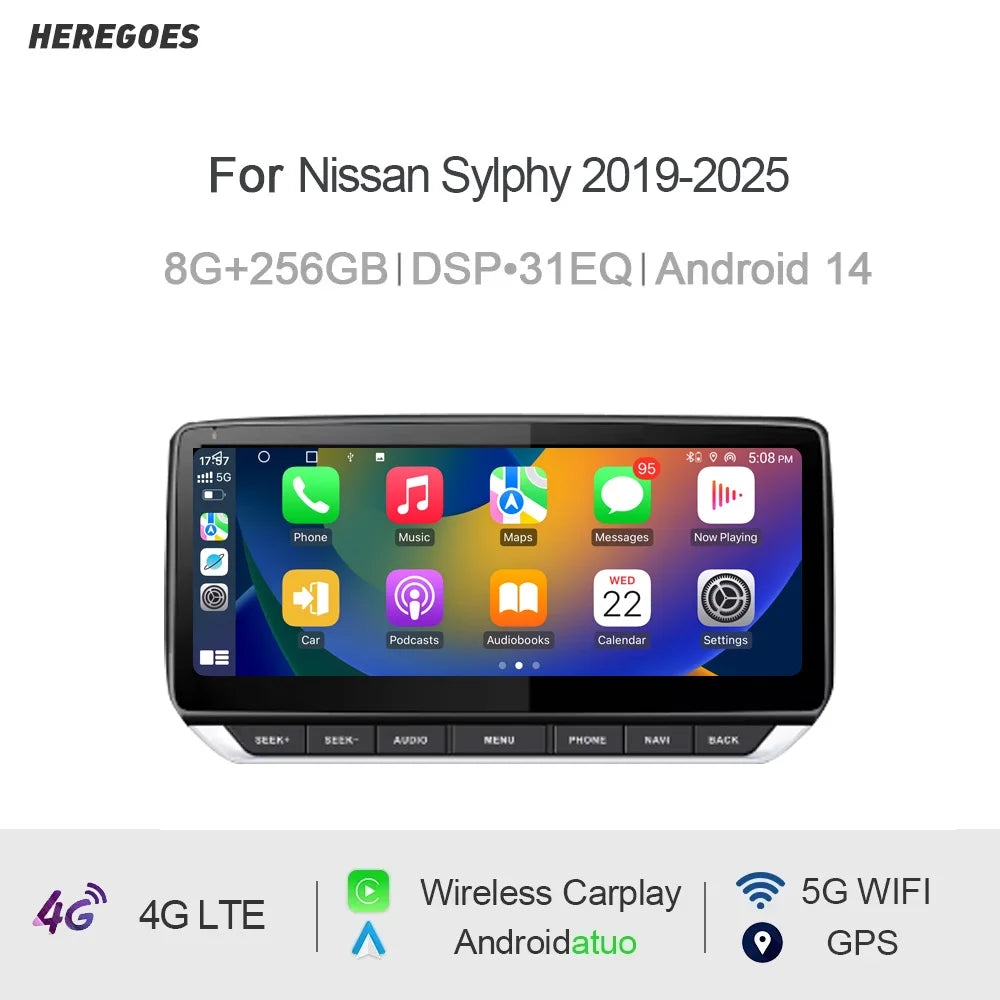 10.25" Android 15.0 Car Radio GPS 8 Core 12GB RAM 256GB ROM WiFi RDS Multimedia Player for Nissan Sylphy 2019-2025 - Hig