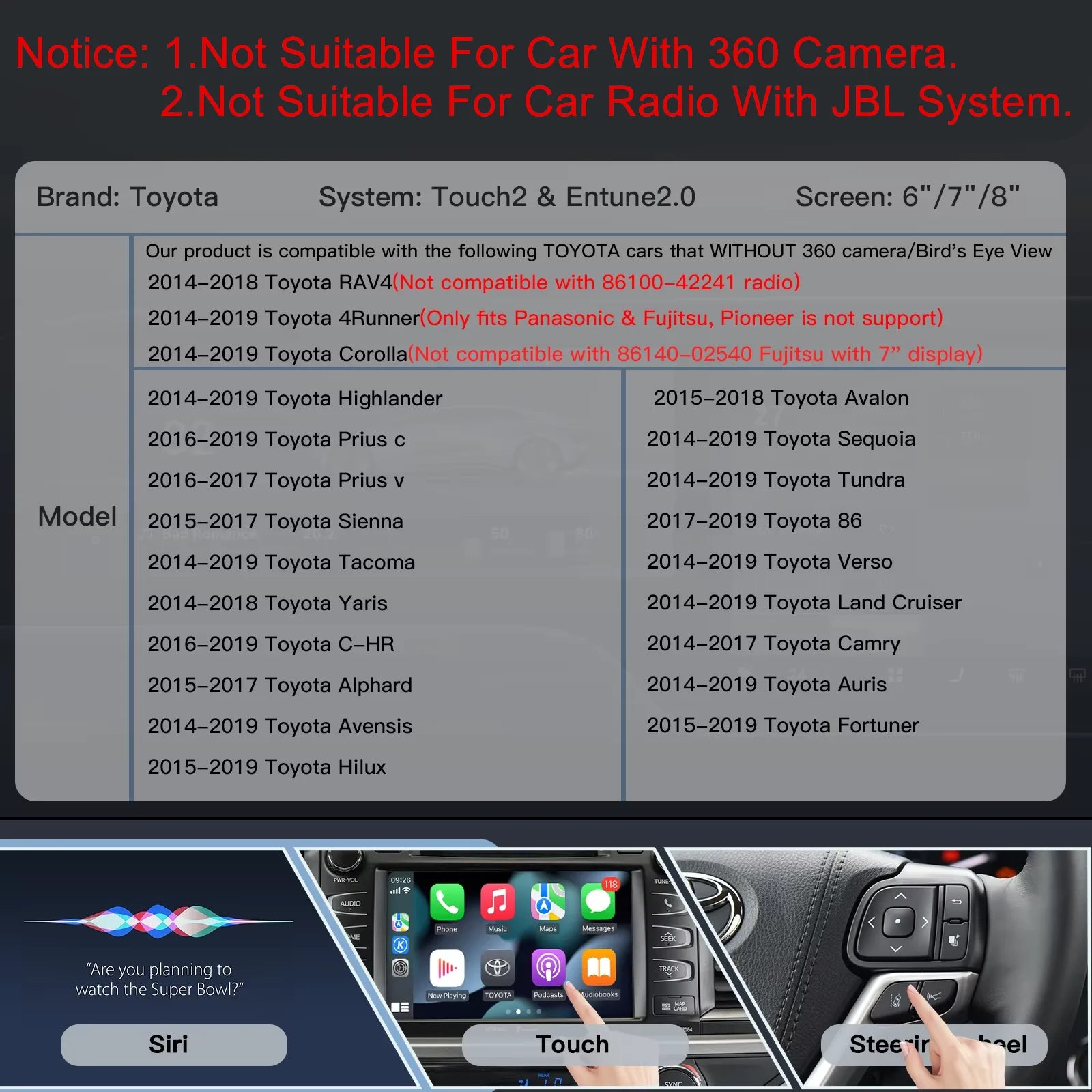 CARABC Wireless Carplay Android Auto For TOYOTA Touch 2 Entune 2.0 Highlander Tundra Sienn