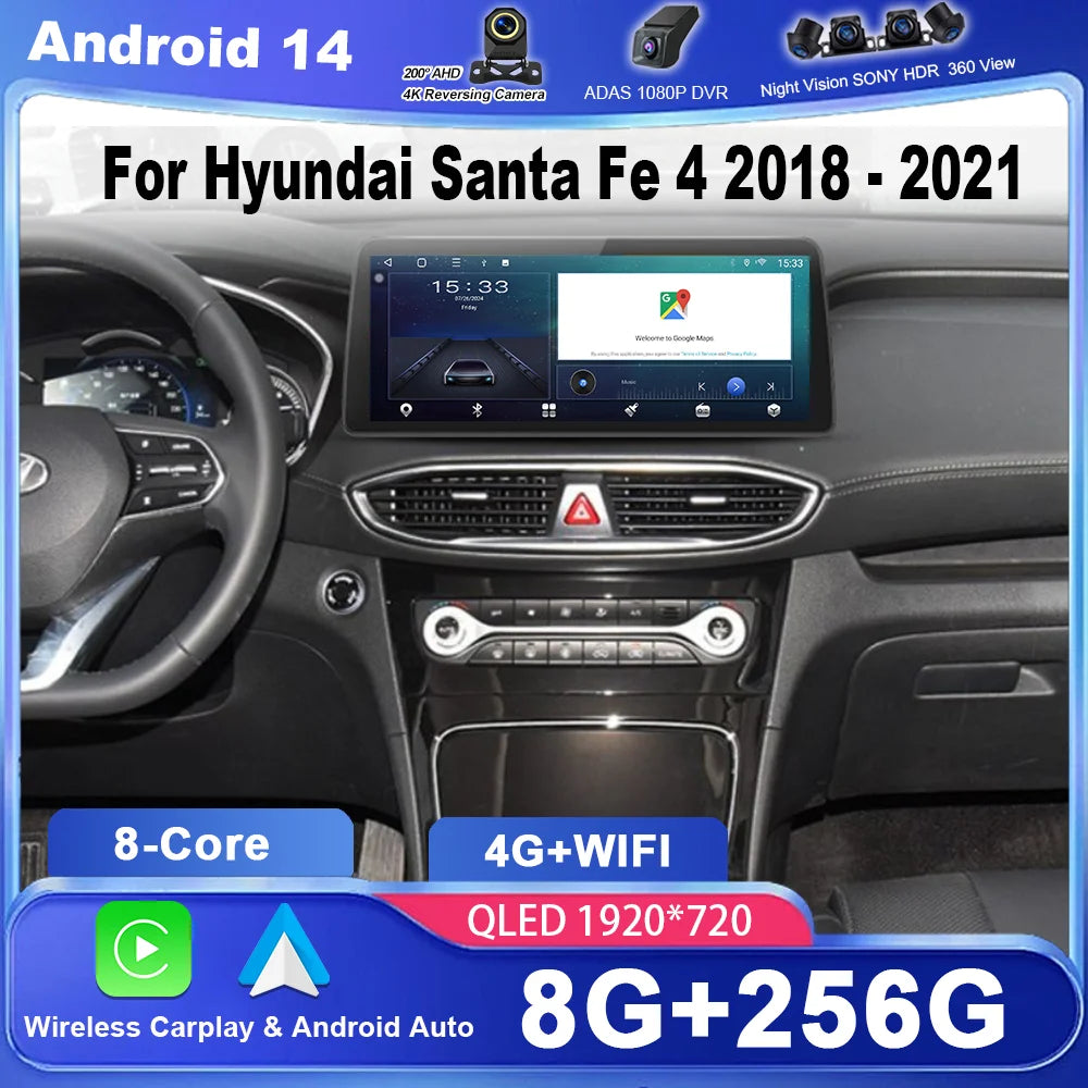 Car DVD Android For Hyundai Santa Fe 4 2018 - 2021 Auto QLED Screen 2din Wireless Carplay