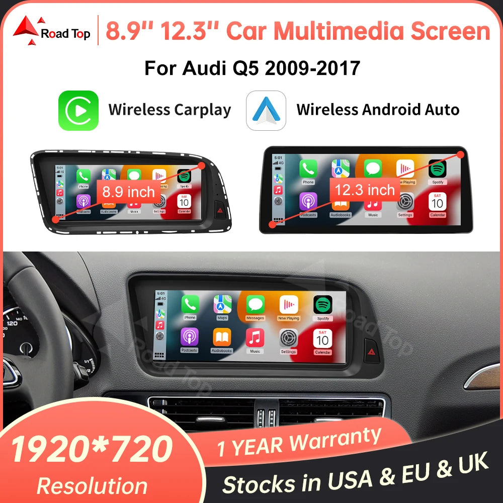 RoadTop Linux Screen Wireless CarPlay Android Auto Car Multimedia Display For Audi Q5 2009 | AUTOKITSHOP