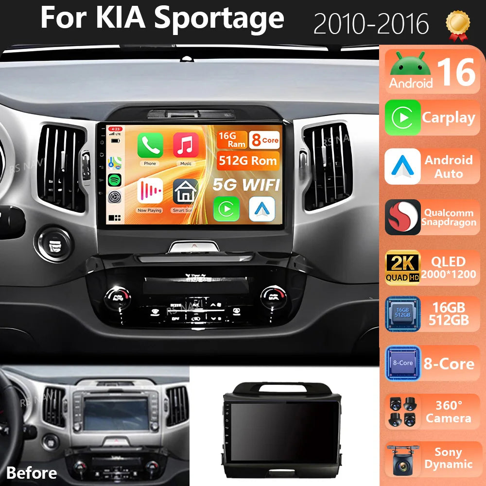 Plug and Play Android 16 For Kia Sportage 3 SL 2010 - 2016 2K QLED Android Car Radio Multi