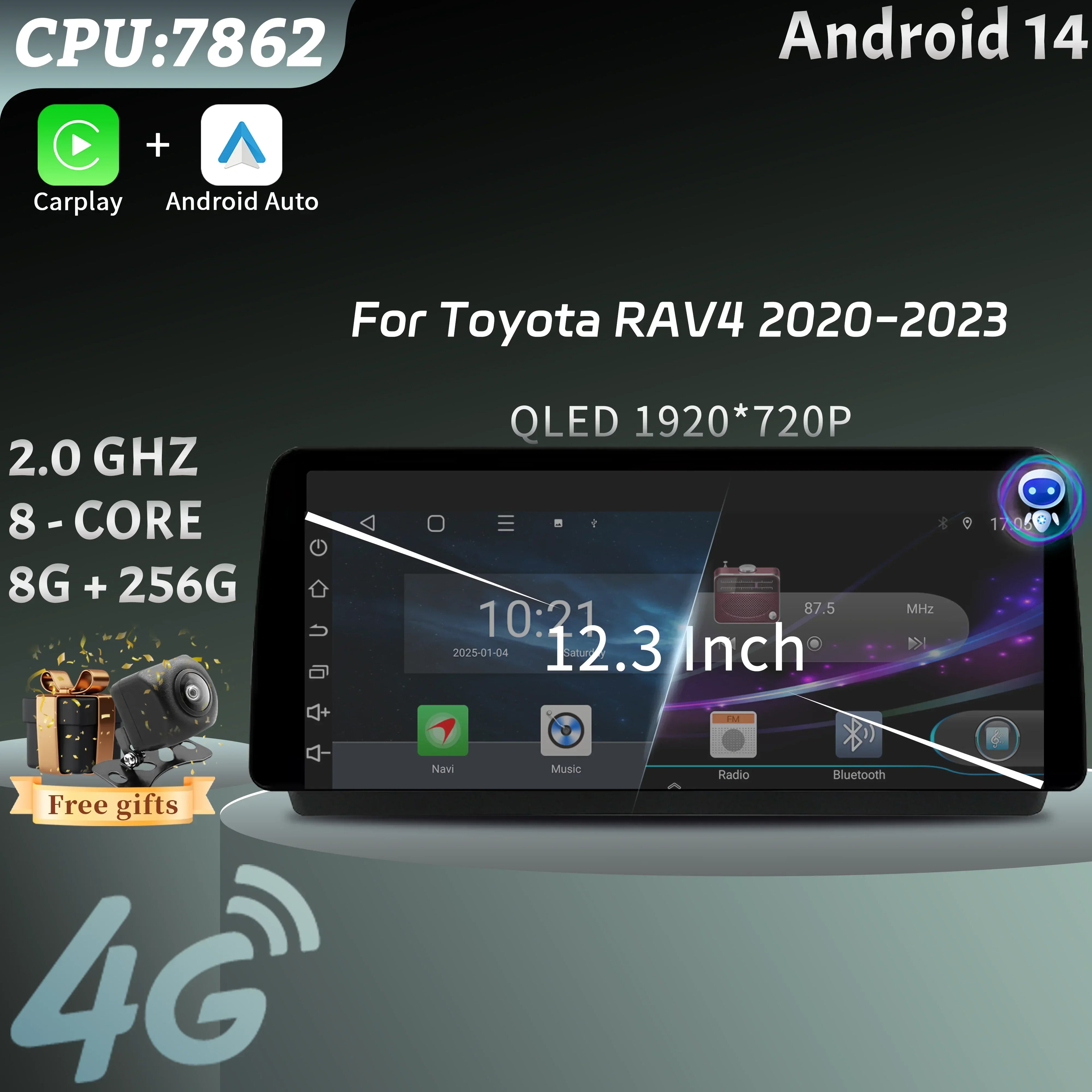 12.3inch Car Radio For Toyota RAV4 2020-2022 Multimedia Navigation Stereo 4G Wireless Blue