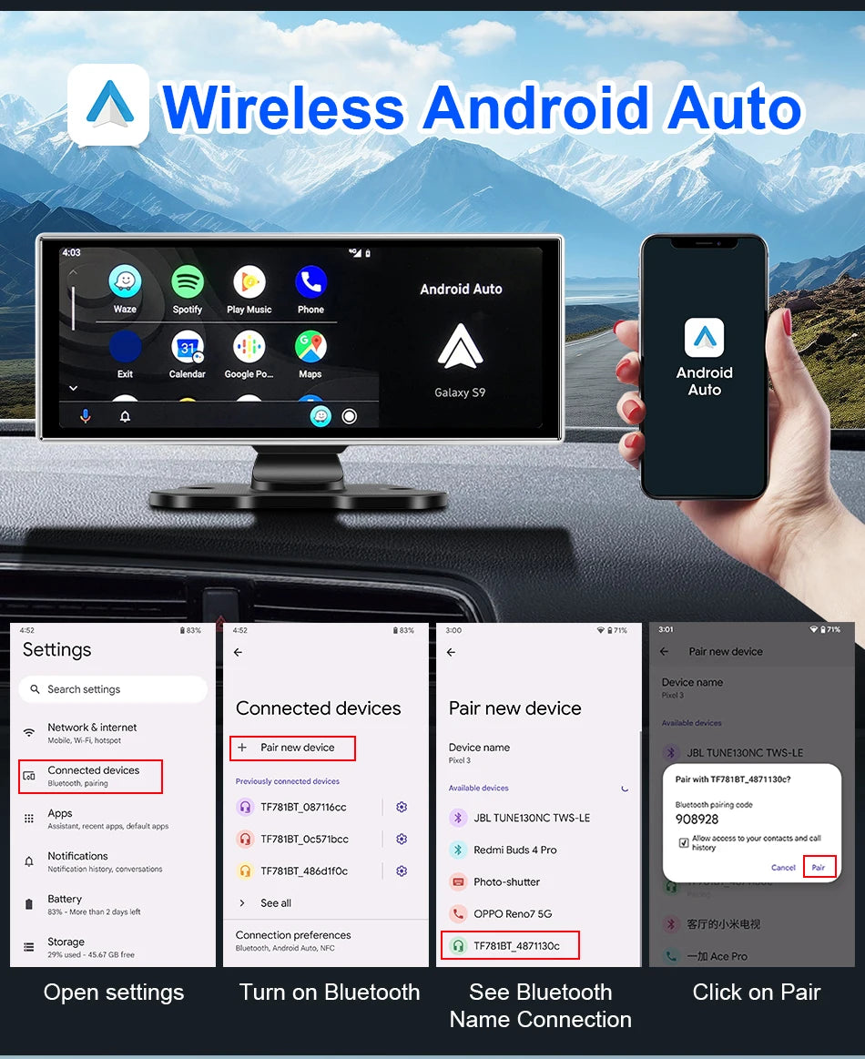 11.26 inch Car DVR 4K Dash Cam Dual Lens Wireless Carplay & Android Auto Video Recorder Monitor GPS Navigation 5G Wifi FM AUX