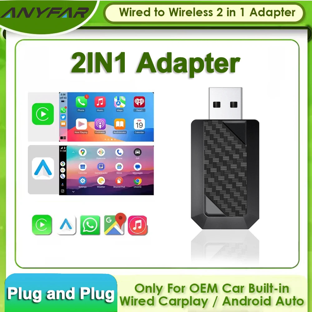 USB 2in1 CarPlay Android Auto Wireless Adapter Convert Wired to Wireless for OEM Car Stere
