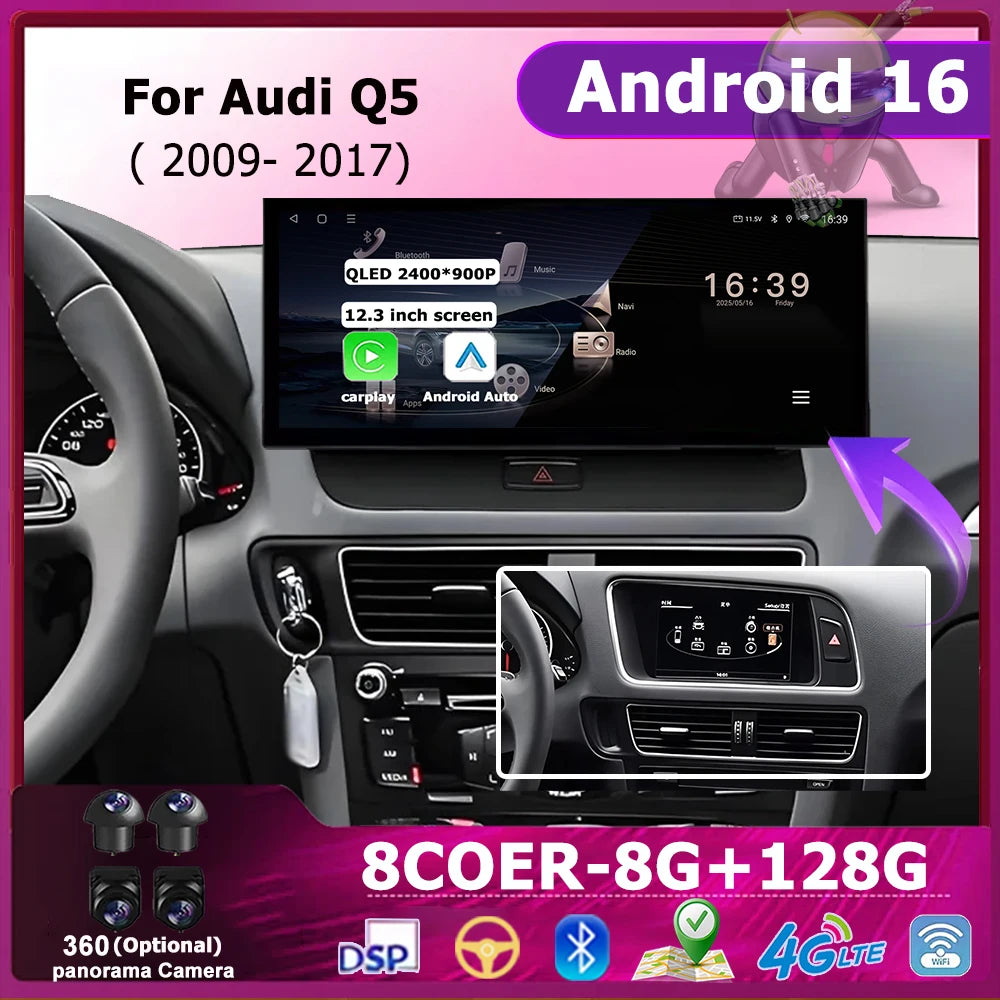 For Audi Q5 2009 - 2017 Android 16 Wireless Carplay Car Radio Multimedia Player DSP Stereo