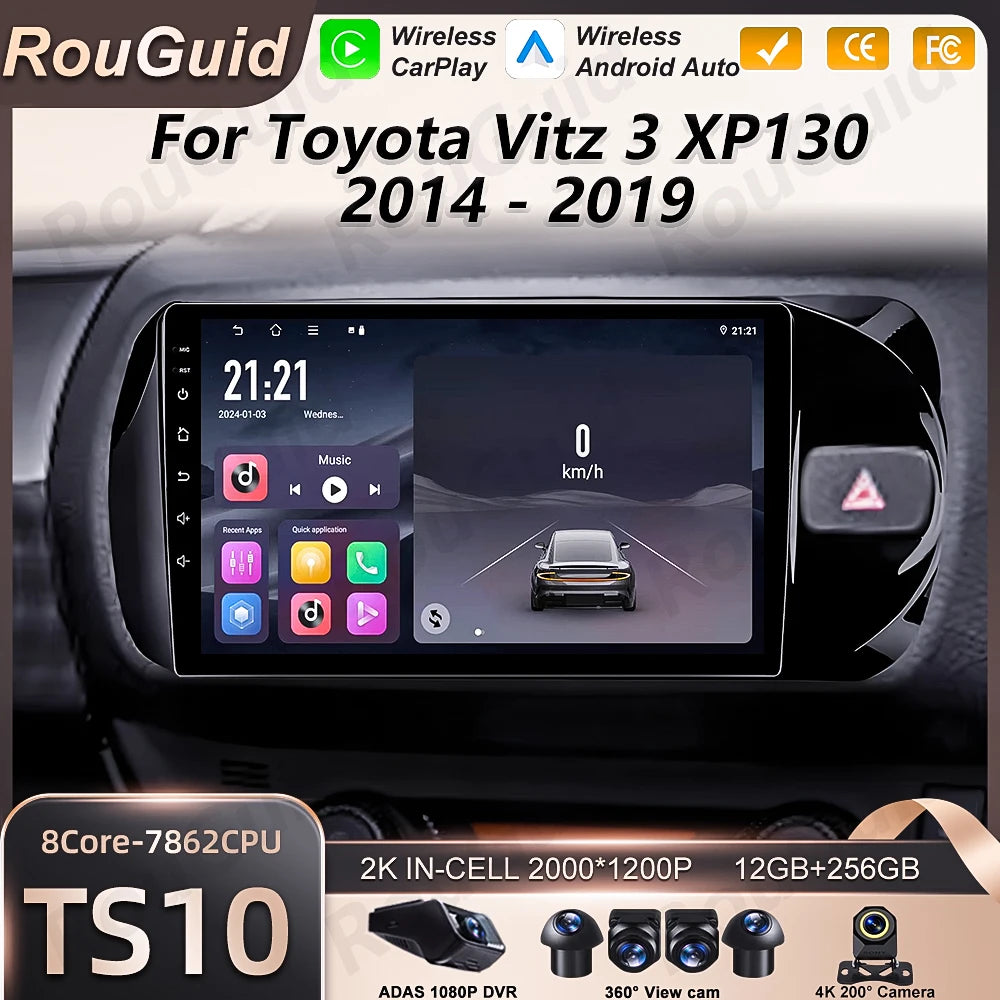 Android 16 Car Radio Carplay For Toyota Vitz 3 XP130 2014 2015 2016 - 2019 Multimedia Play | AUTOKITSHOP