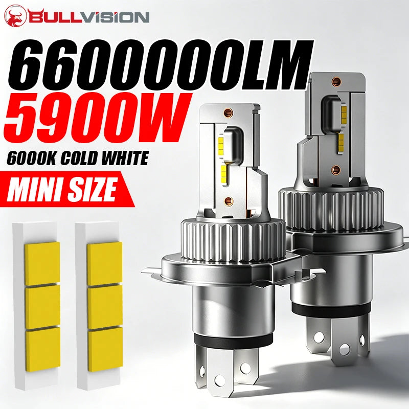 BULLVISION 2PCS H4 LED Bulbs 1:1 Mini Diodes Motorcycle Kits 5900W Hi/Lo Dual Beam Turbo F