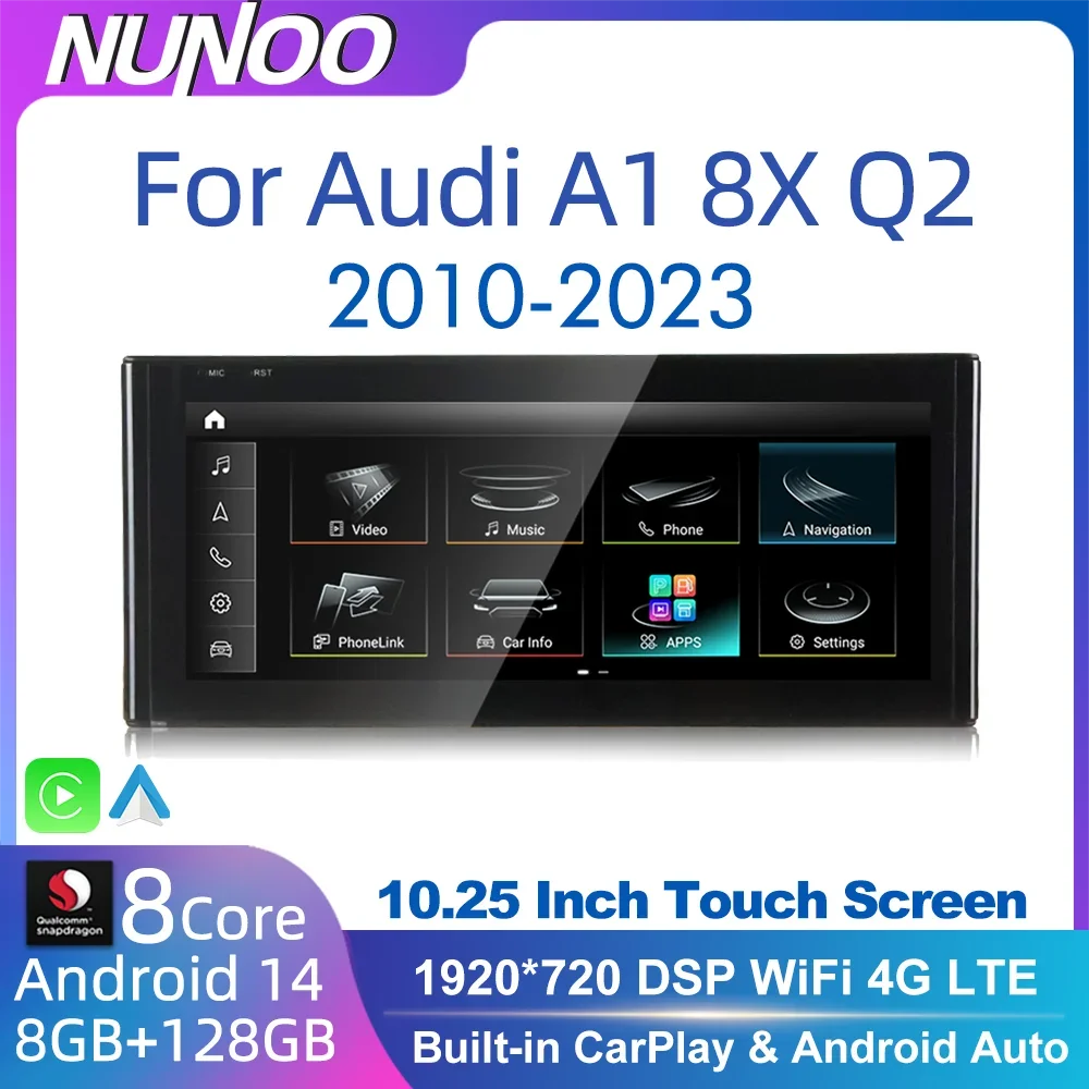 Nunoo Android 14 CarPlay For Audi A1 Q2 2010-2023 Auto Radio Touch Screen GPS Car Multimed