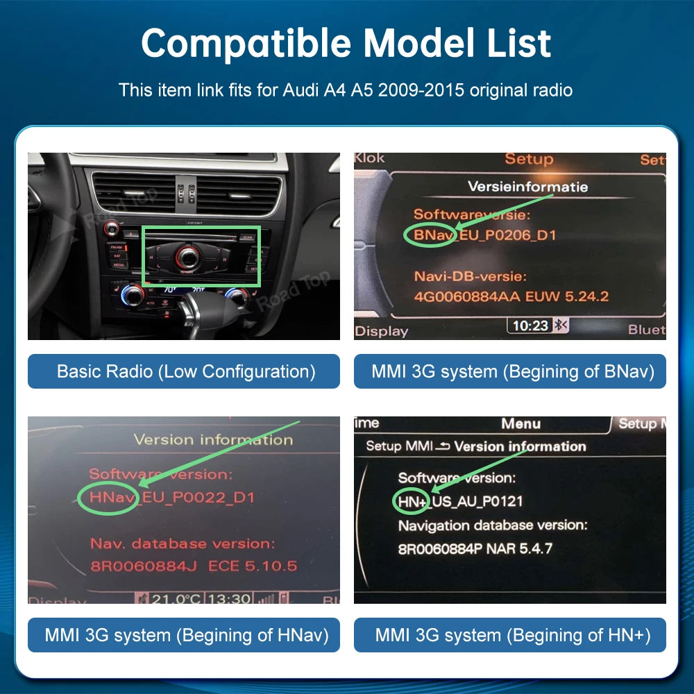 Road Top Wireless CarPlay Android Auto for Audi A4 B8 A5 Q5 2009-2015, with AirPlay Mirror | AUTOKITSHOP