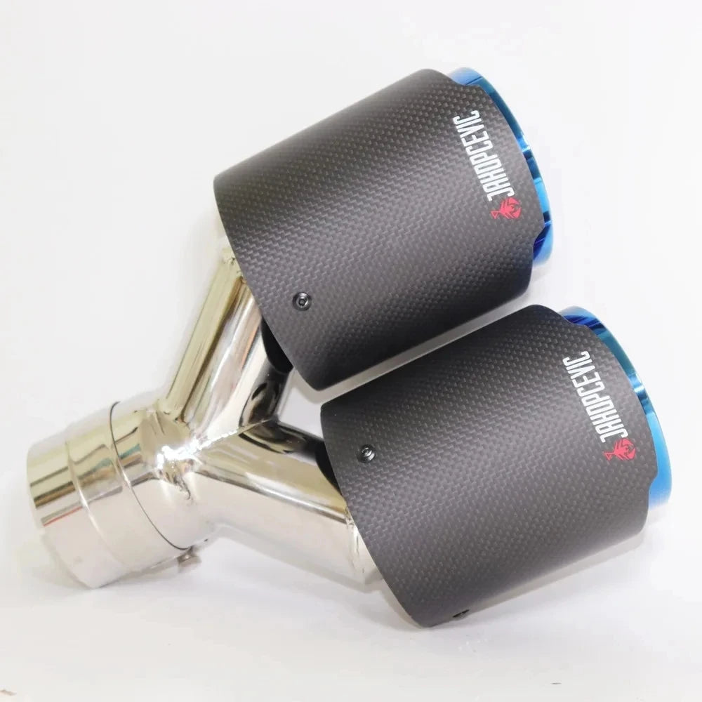 1 Pcs Matt Carbon Fiber Blue Stainless Exhaust Tips Car Muffler Double Y Pipes For Exhaust Dual  - Automotive LED Light