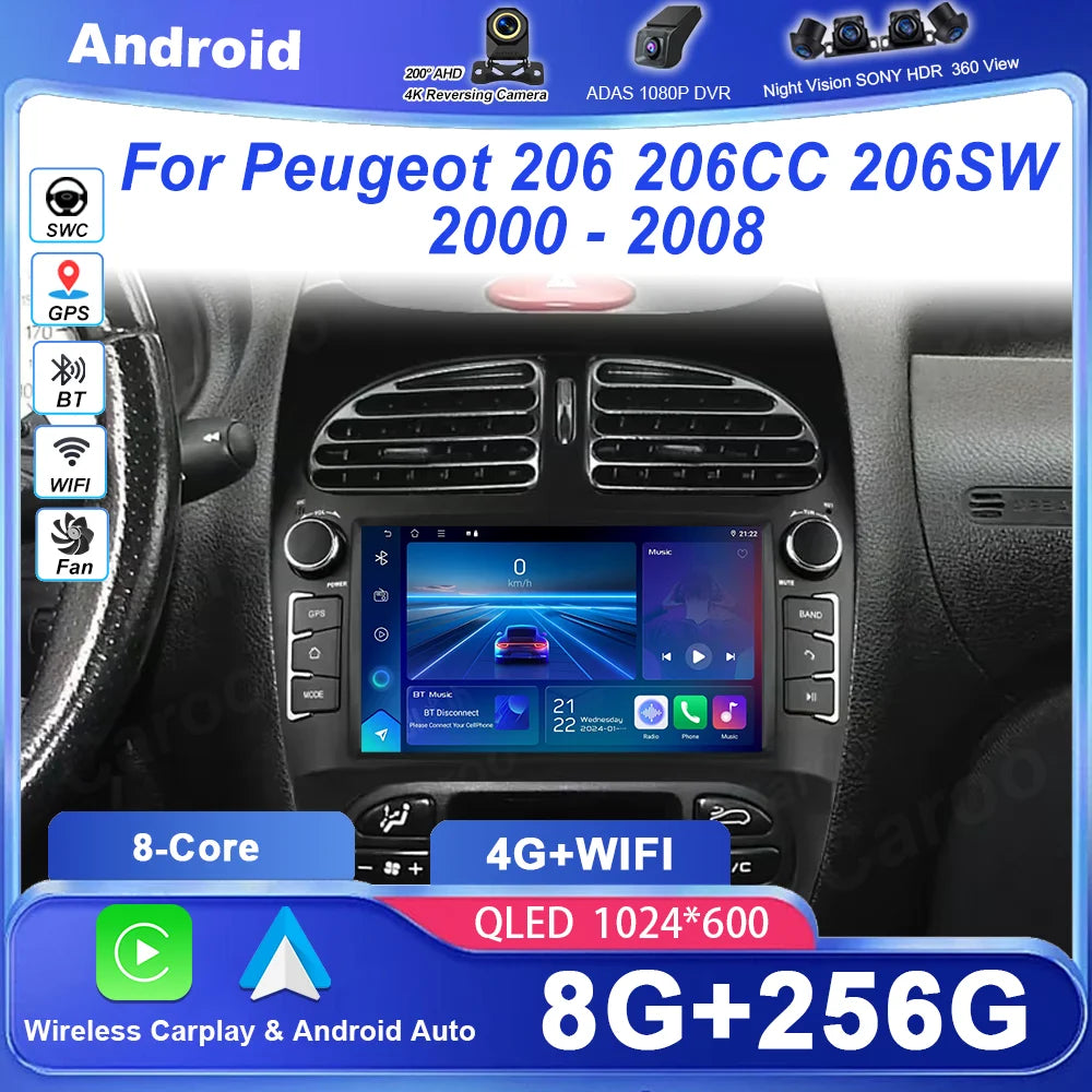 Android 15 Car DVD Radio Stereo For Peugeot 206 206CC 206SW 2000 -2008 Auto GPS Navigation