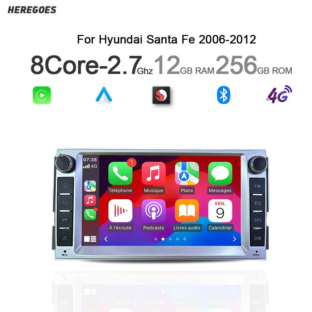 7" Car Radio GPS Navigation Stereo Android Carplay Multimedia Player 12+256G WiFi Bluetooth for Hyundai Santa Fe 2006-20