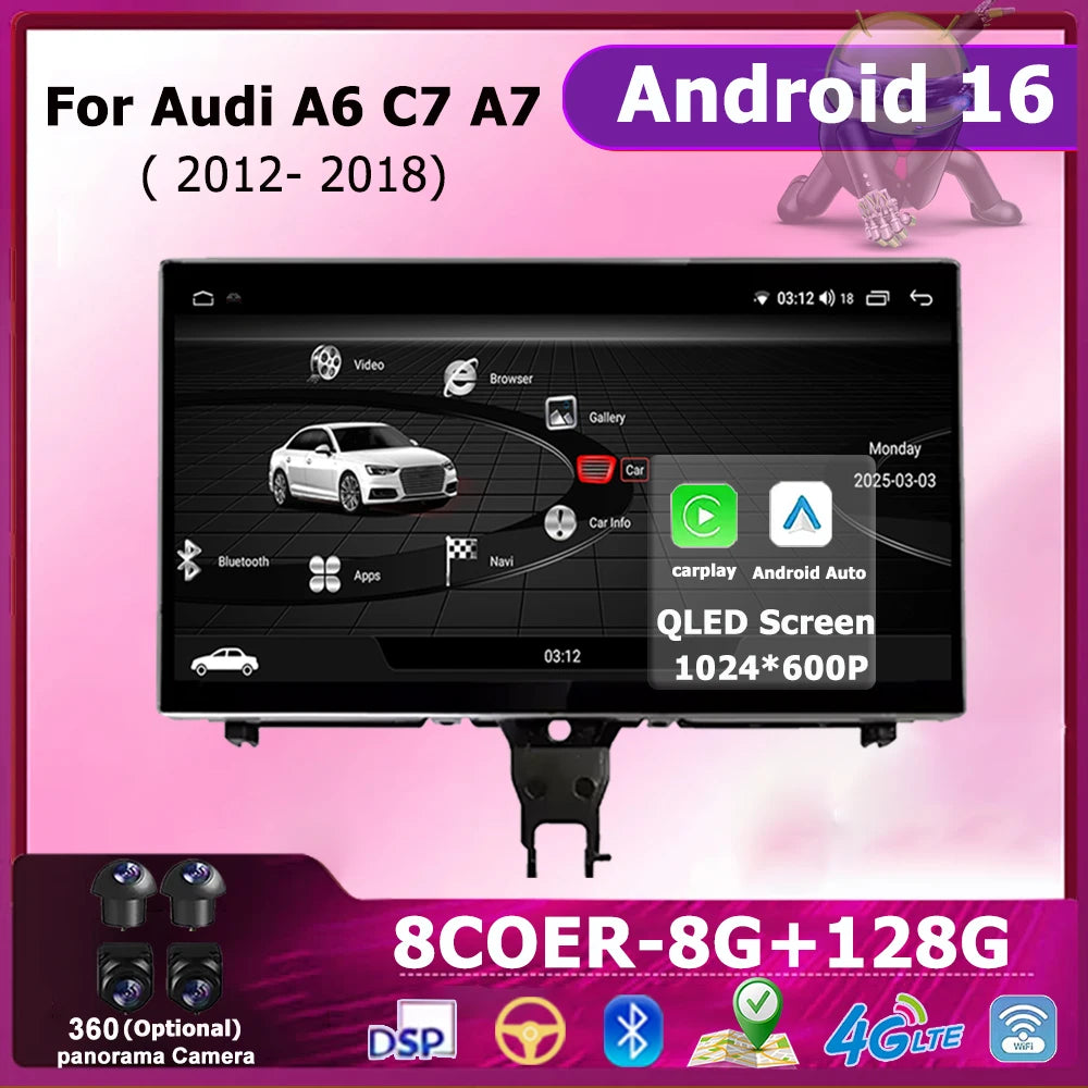 Carplay Car Multimedia Android 16 For Audi A6 C7 A7 2012-2018 QLED Touch Screen Player WIF