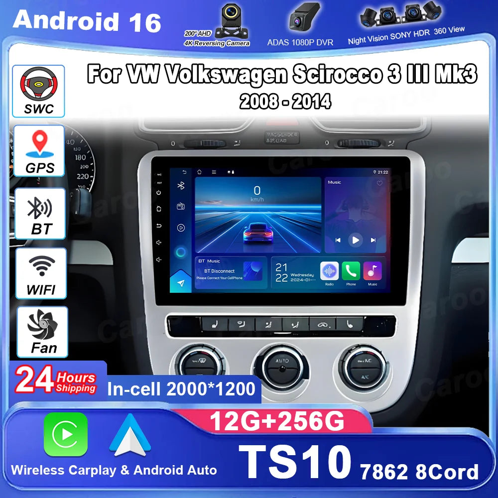 9 Inch Android 16 For VW Volkswagen Scirocco 3 III Mk3 2008 - 2014 8 Core WIFI Bluetooth A