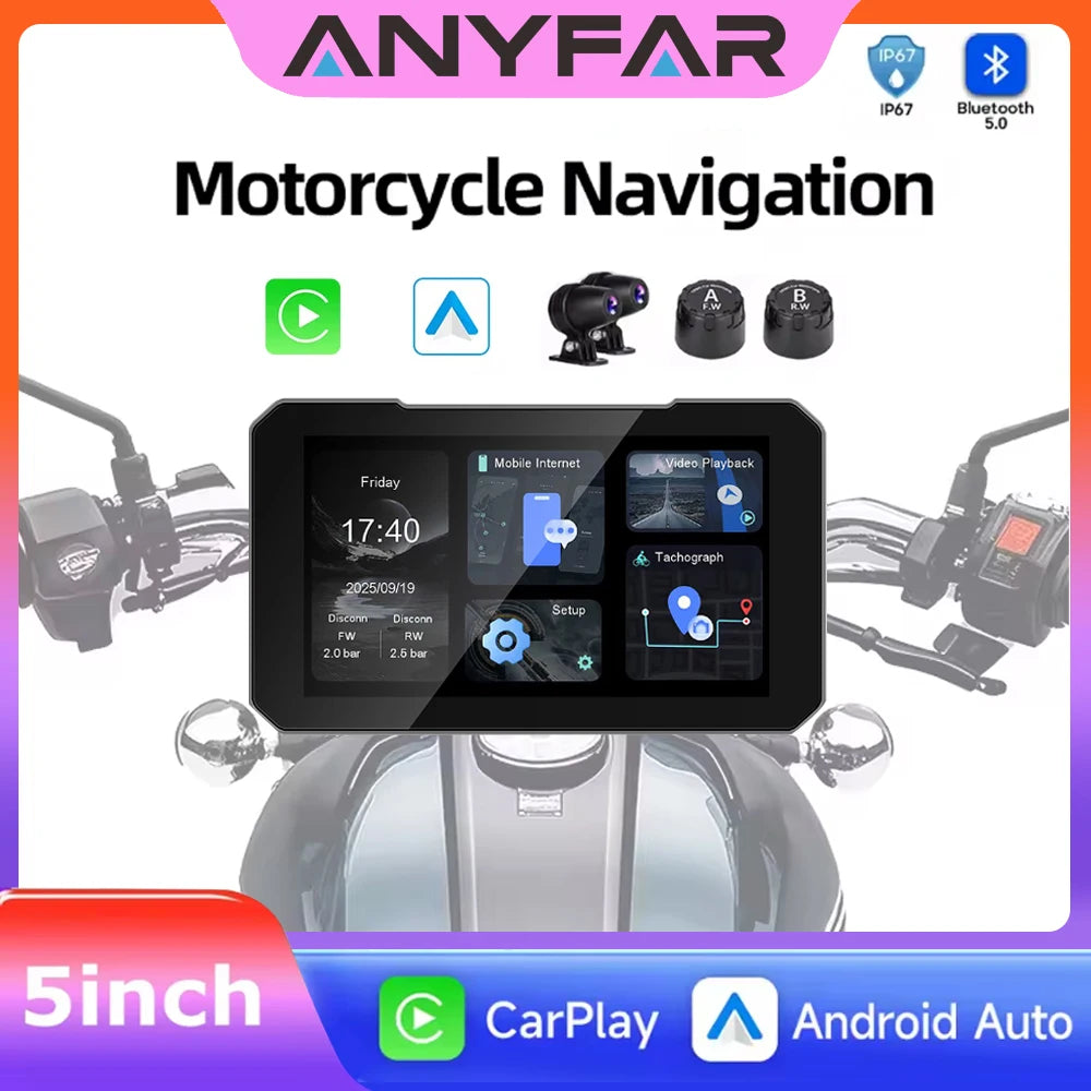5 Inch Touch Screen Motorcycle CarPlay Screen Support Dual Camera Record with Wireless Car