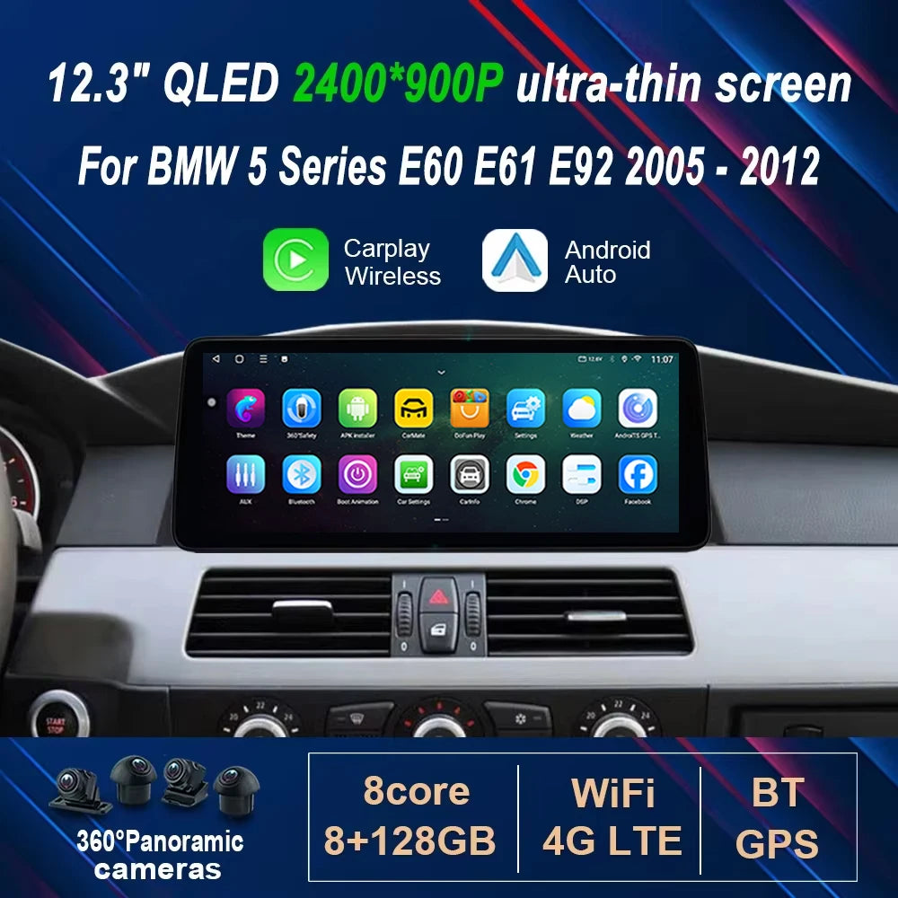 for BMW 5 Series E60 E61 E92 2005 - 2012 12.3' Ultra-thin Android 14 Car Radio Video Multi