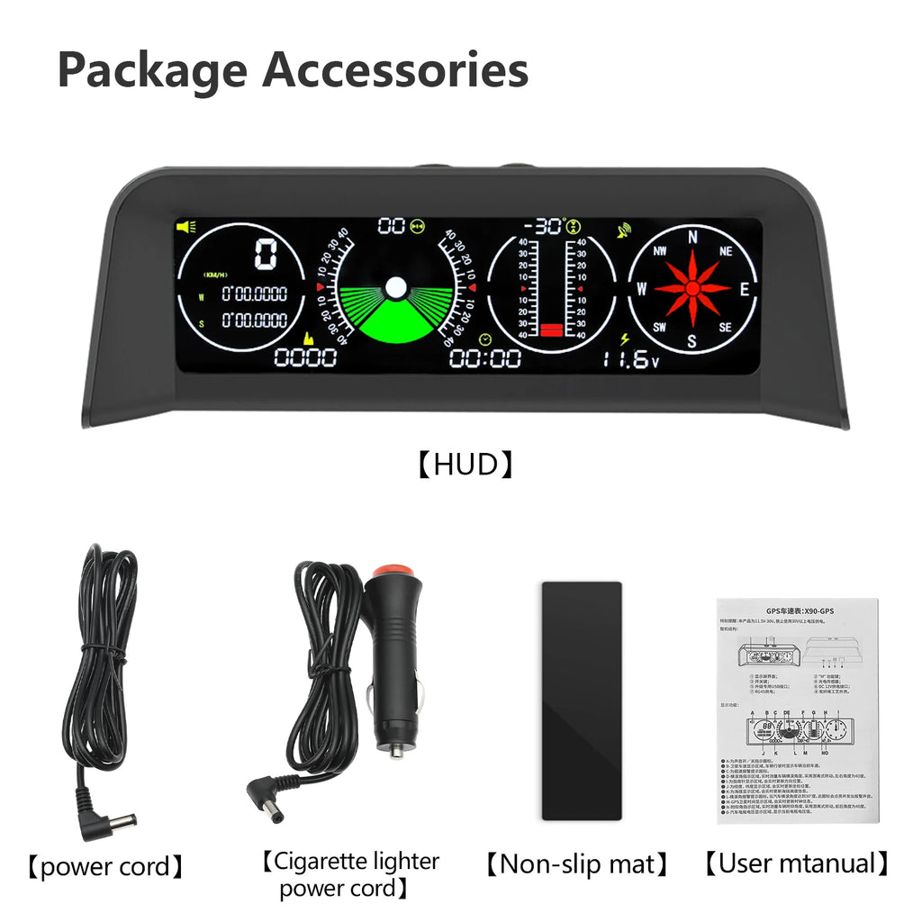 AD X90 GPS Head Up Display Speedometer Overspeed Alarm Slope Meter Inclinometer Car Compass HUD  - Automotive LED Light