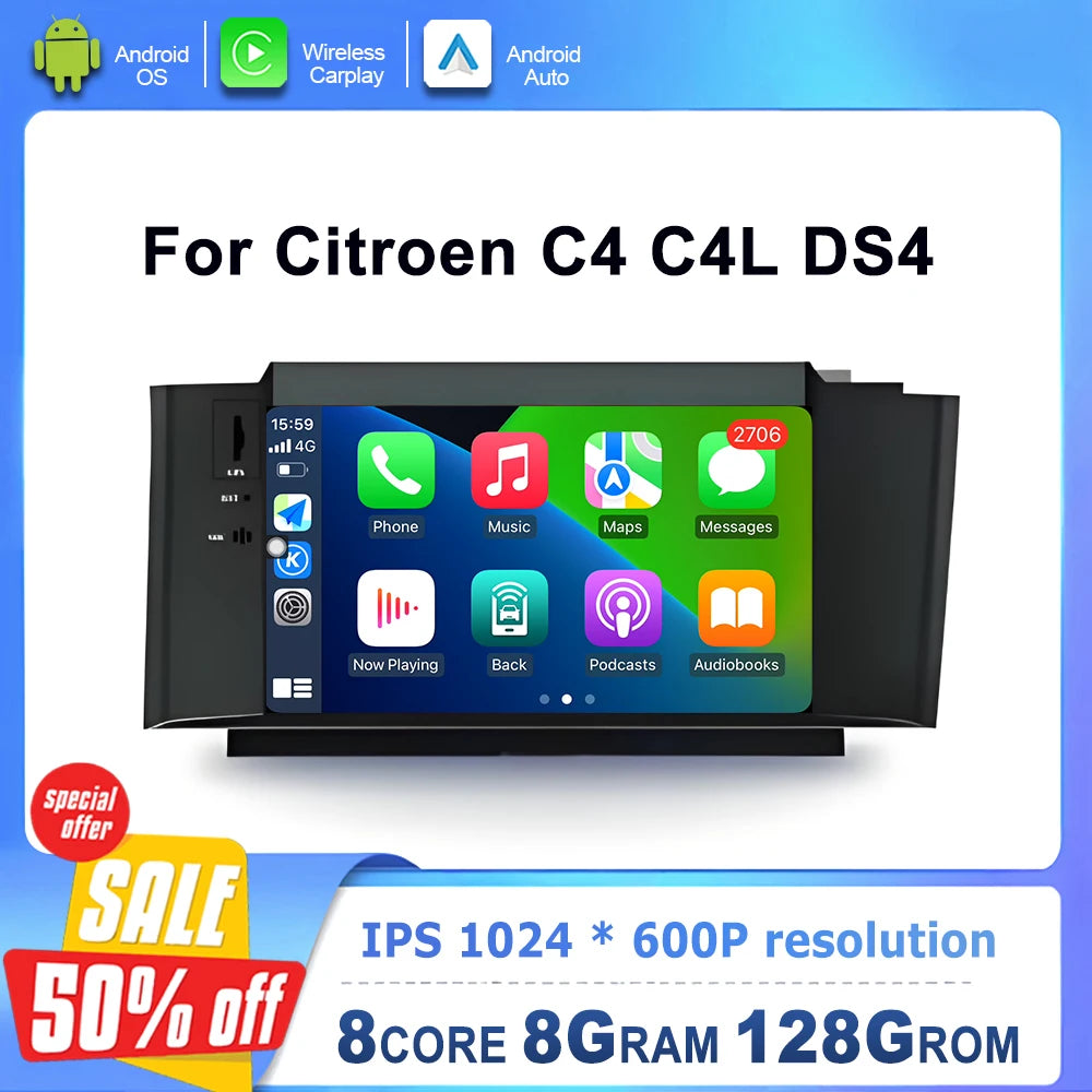 Wired Auto Wireless CarPlay 7inch Android OS Car Radio for Citroen C4 C4L DS4 Multimedia T