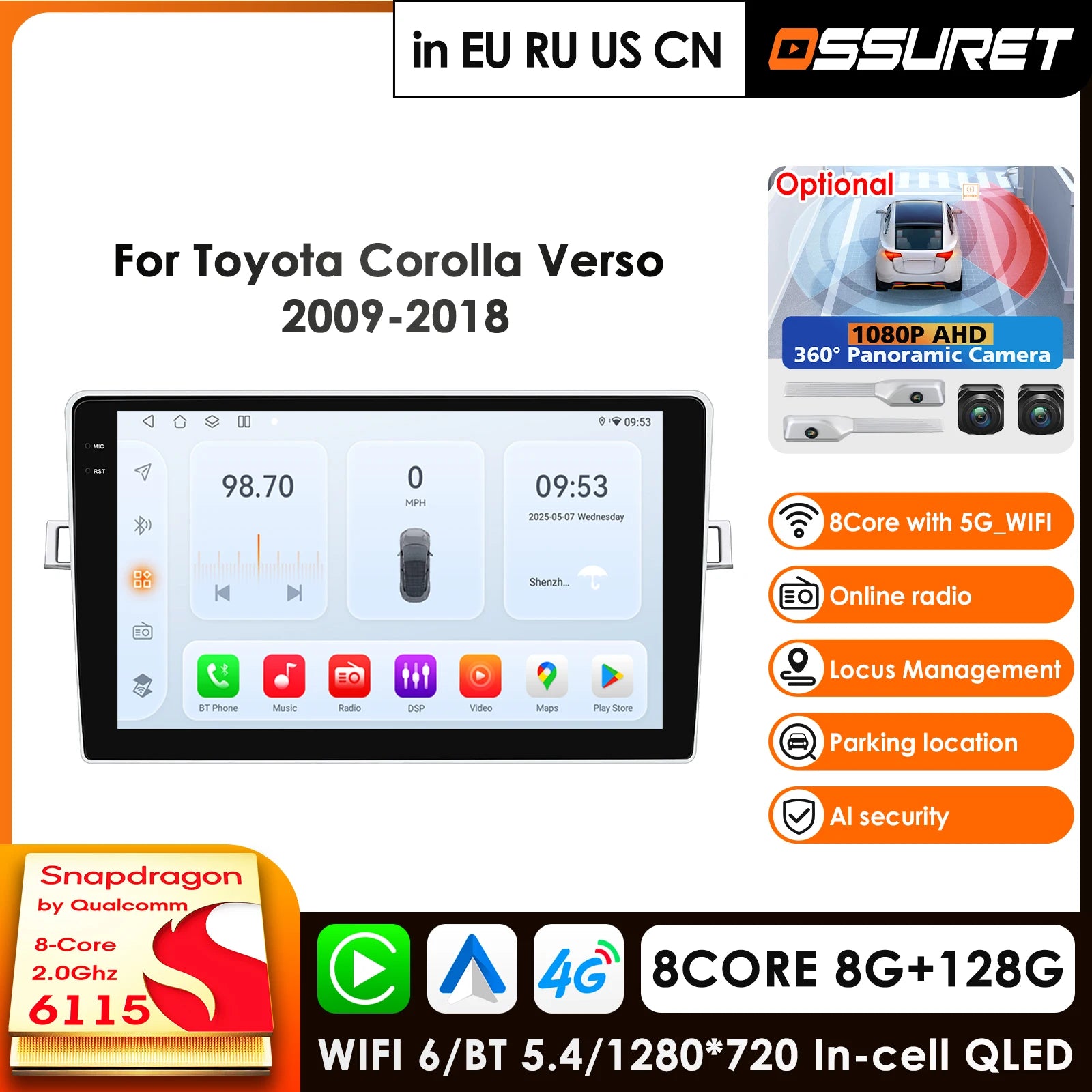 9" Car Radio GPS Android 14 4G Carplay 2Din for Toyota Corolla Verso 2010-2018 - 360 Camera Multimedia
