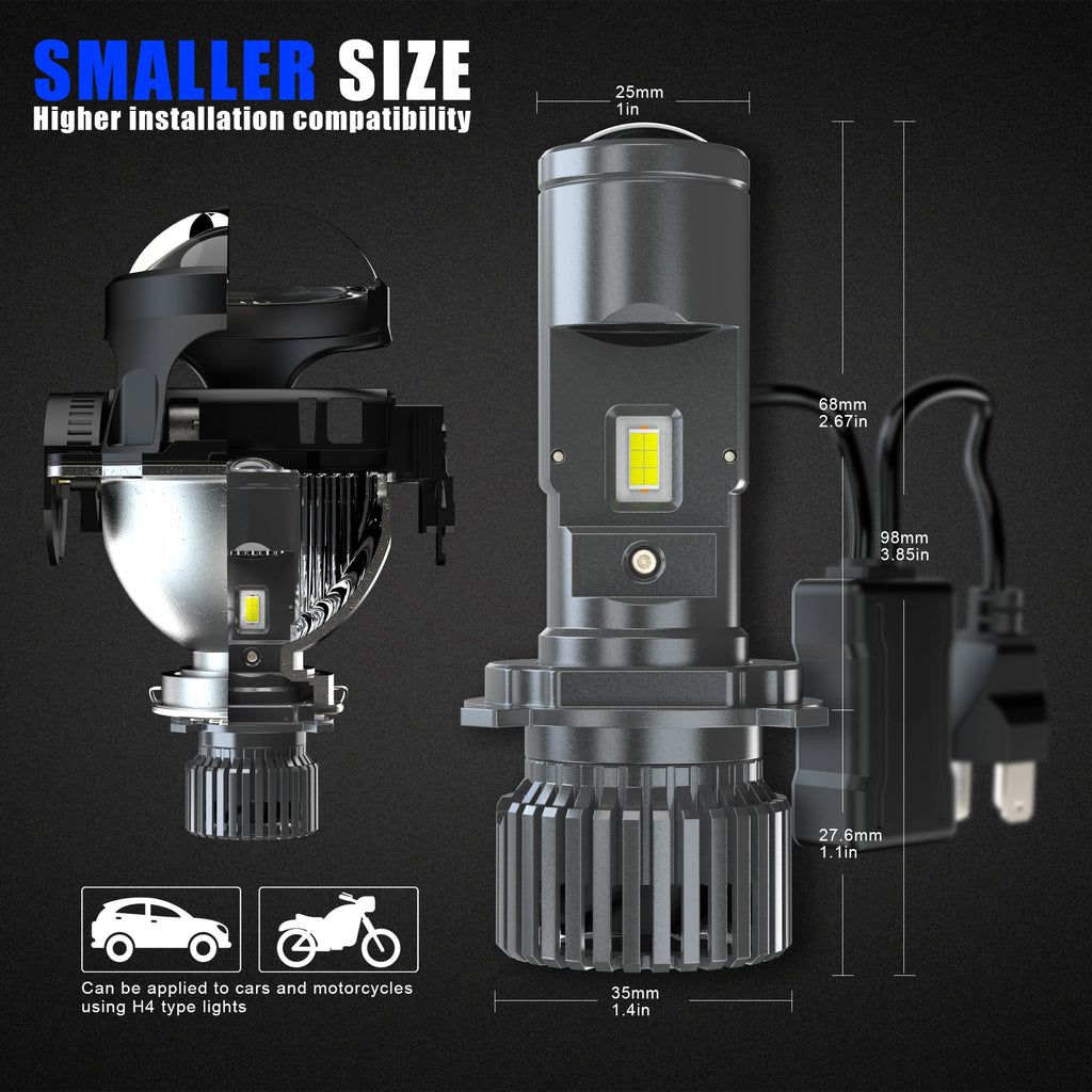 H4 LED Projector Mini Car Headlight Bulbs 6000K LED Mini Lens Projector H4 Mini Projector