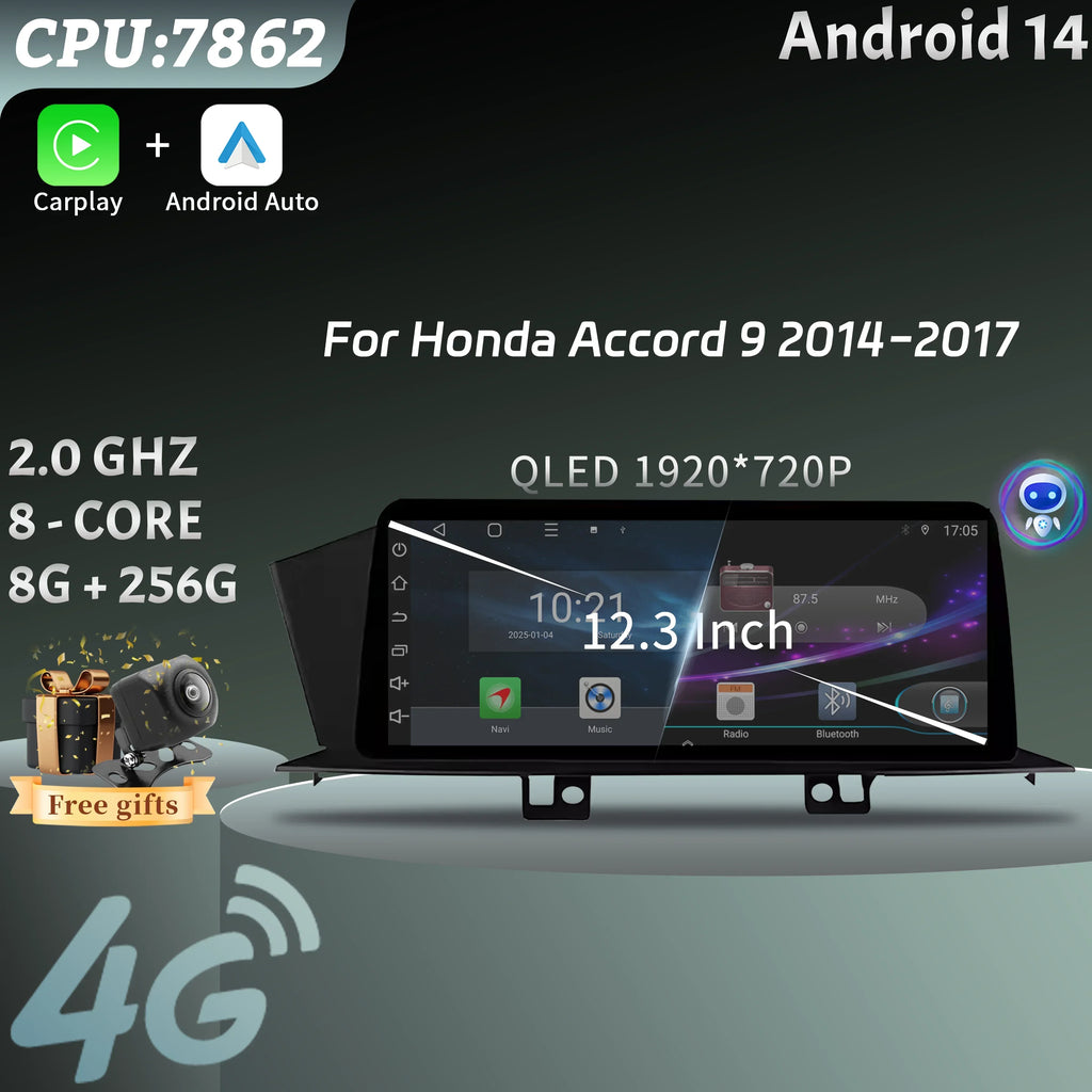 12.3" For Honda Accord 9 2014-2017 Car Radio Multimedia Navigation GPS Wireless Android 15
