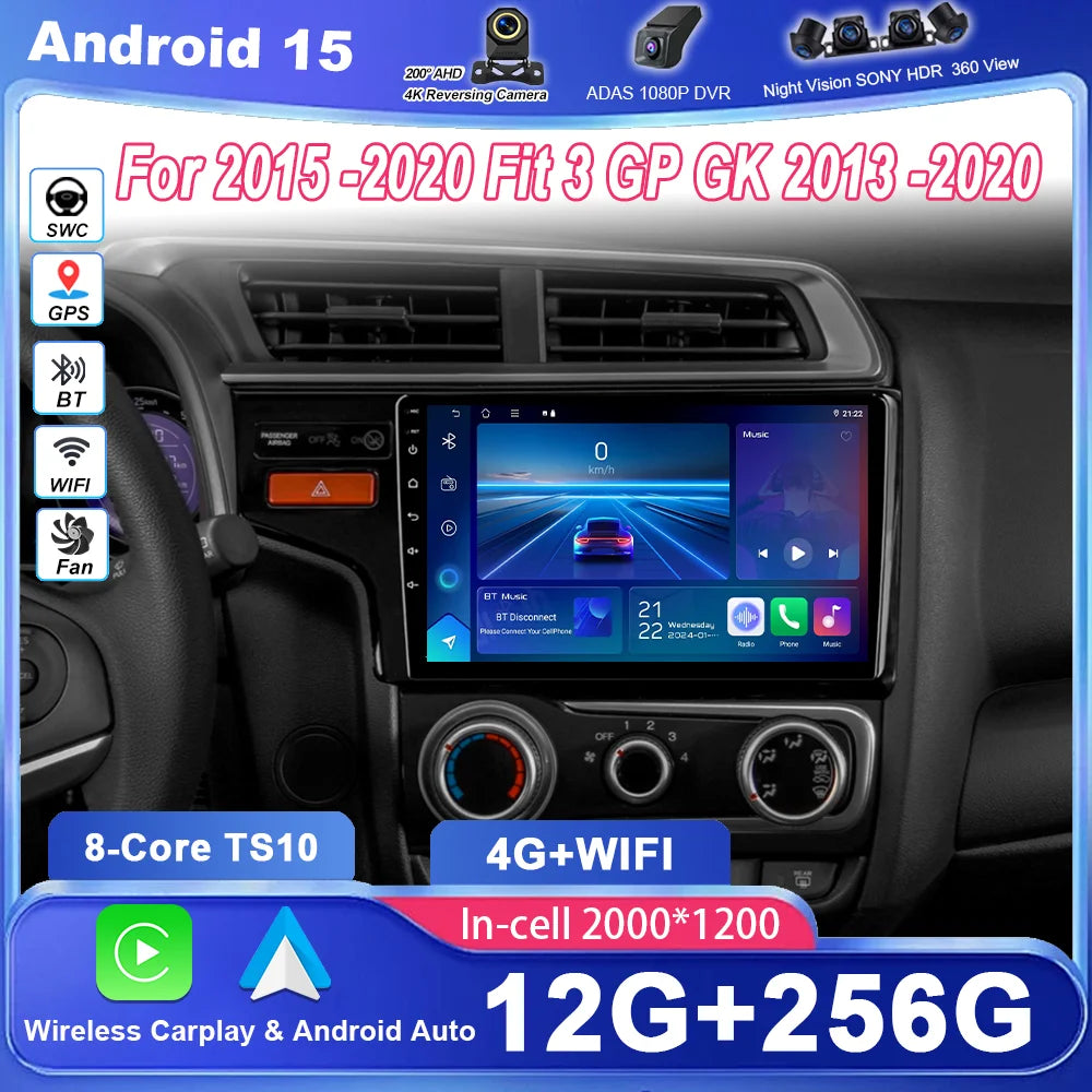 Android 15 For Honda Jazz 3 2015 -2020 Fit 3 GP GK 2013 -2020 Auto Multimidia Video Player