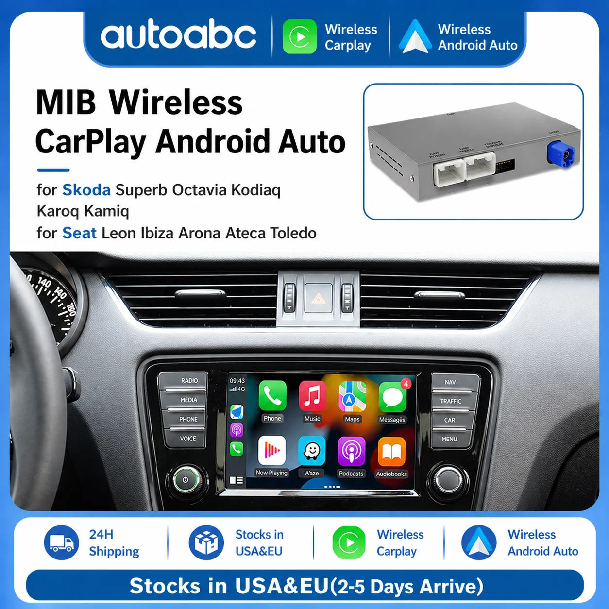 Wireless CarPlay for Skoda Superb Octavia Kodiaq Karoq Kamiq for Seat Leon Ibiza Arona Ate | AUTOKITSHOP