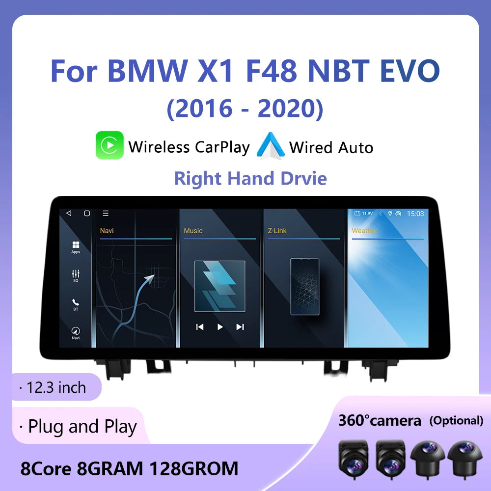 12.3inch RHD Wireless CarPlay Android For BMW X1 F48 2016- 2020 NBT/EVO System Touch Scree